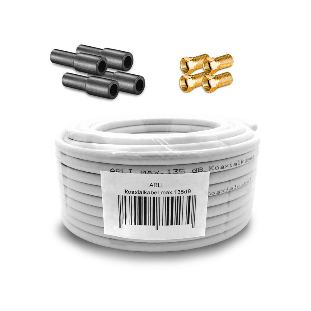 ARLI 10m Koaxialkabel + 4x F-Stecker vergoldet + 4x Gummitülle TV-Kabel, F Stecker, mit breiter Mutter und Dichtring (1000 cm), 10 m TV Sat Koax Kabel Set
