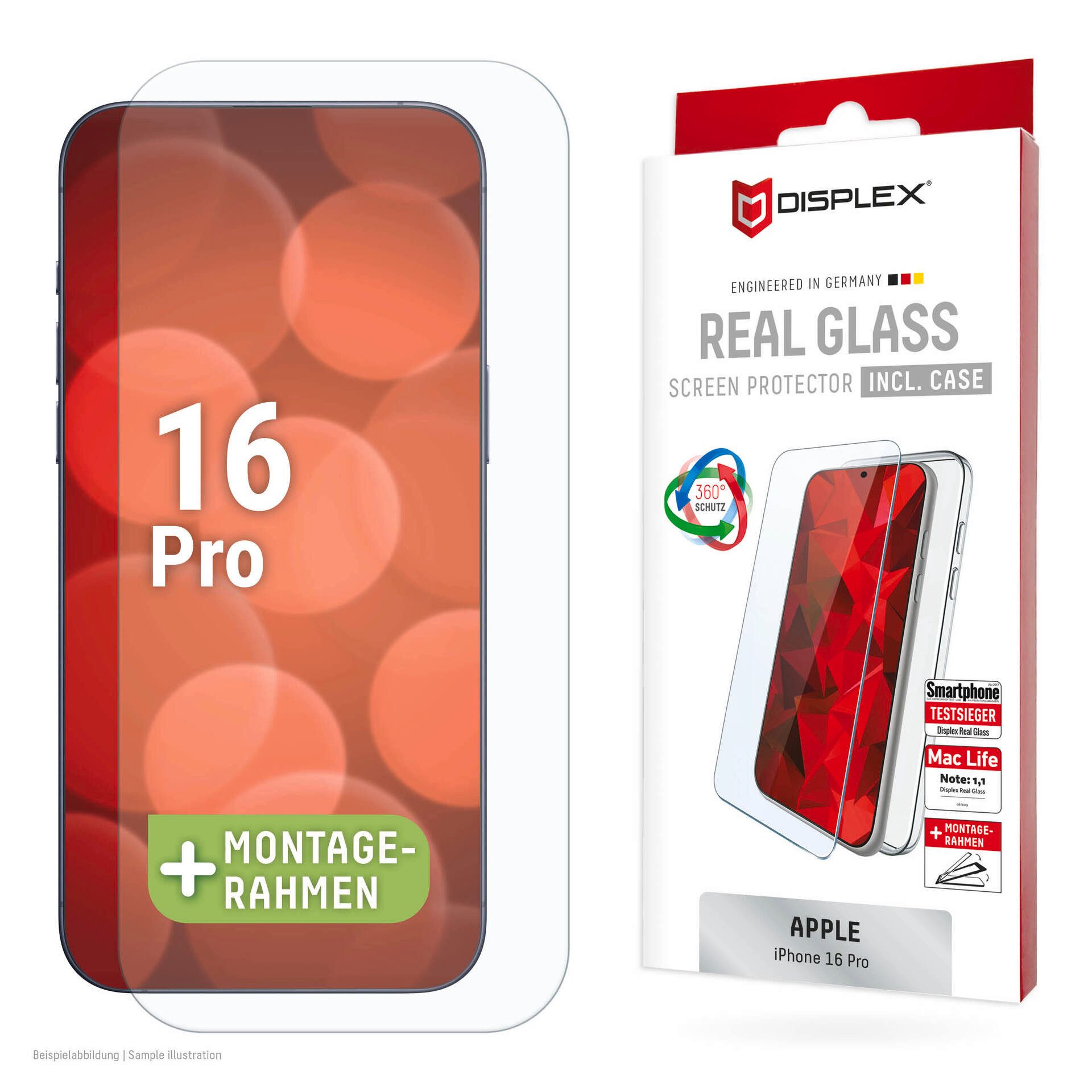 Displex Displayschutzglas Real Glass Screen Protection + Case für Apple iPhone 16 Pro, Displayschutzfolie, Schutzfolie, Bildschirmschutz, kratz- & stoßfest