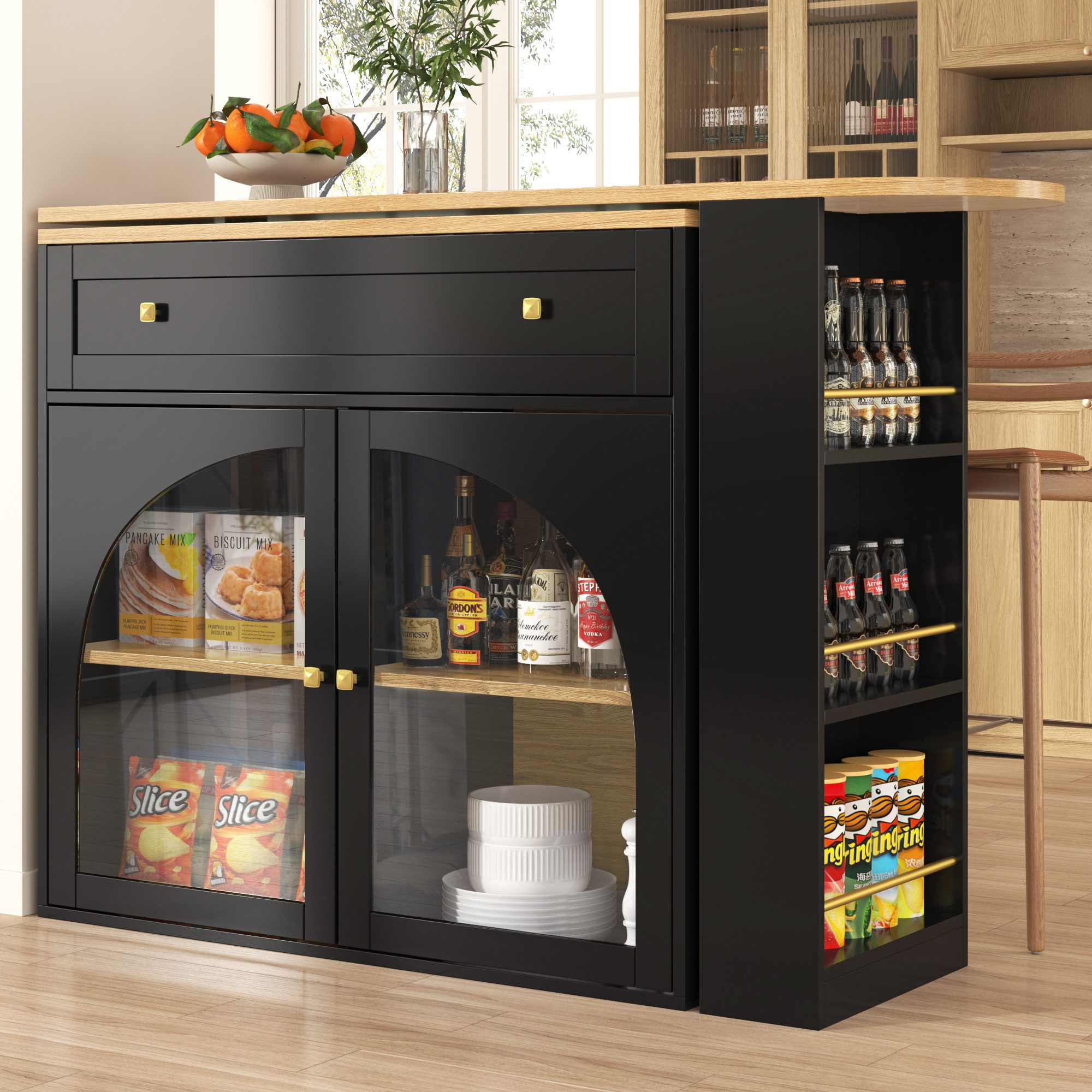 Flieks Bartisch 360° drehbar Stehtisch mit Kommode (Länge 138-204 cm, 1-St., mit verstellbare Einlegeböden), ausziehbar Esstisch mit Glastüren und Schubladen Sideboard Bistrotisch