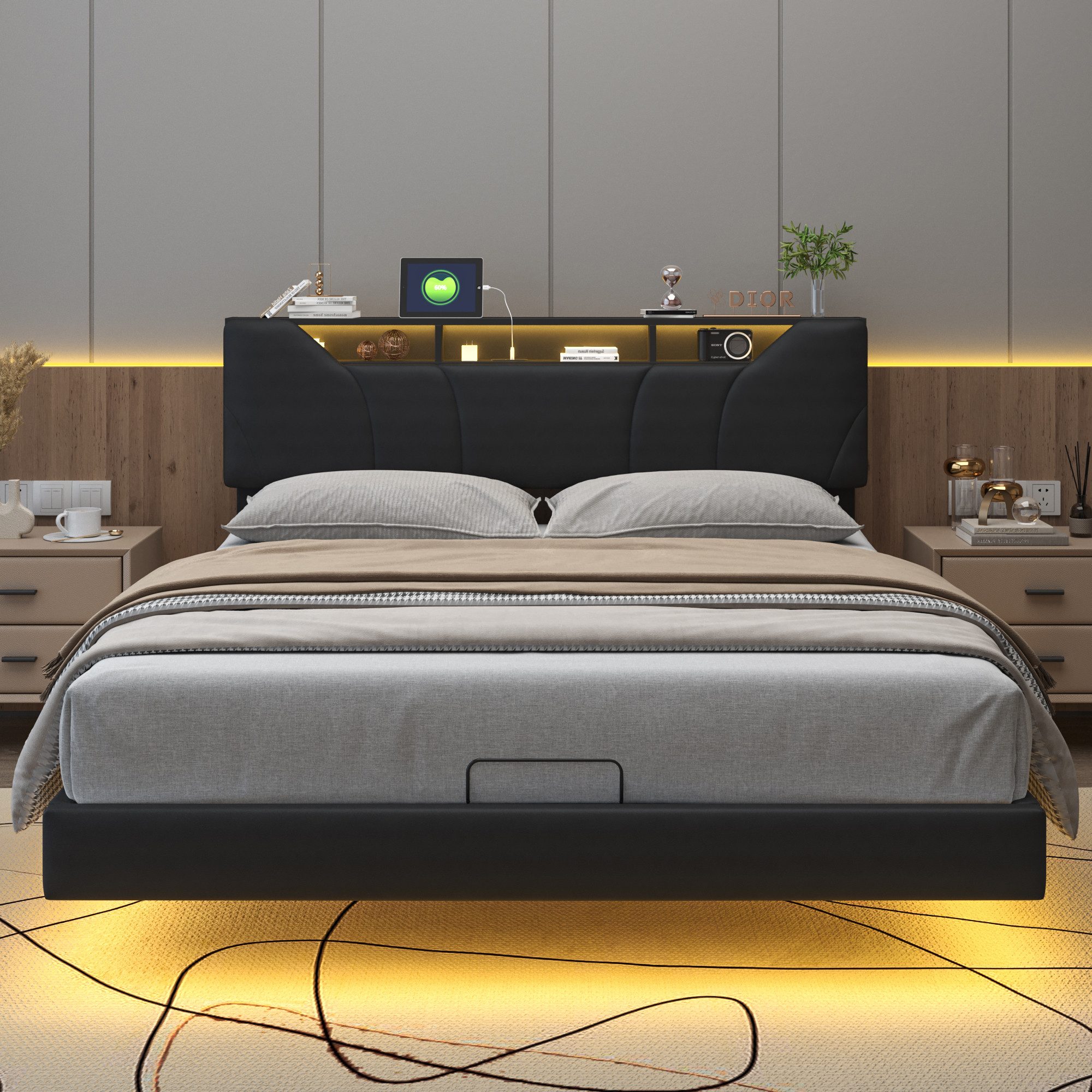 FUROKOY Stauraumbett Schwarze Hydraulisches Bett Hängebett mit LED-Beleucht günstig online kaufen