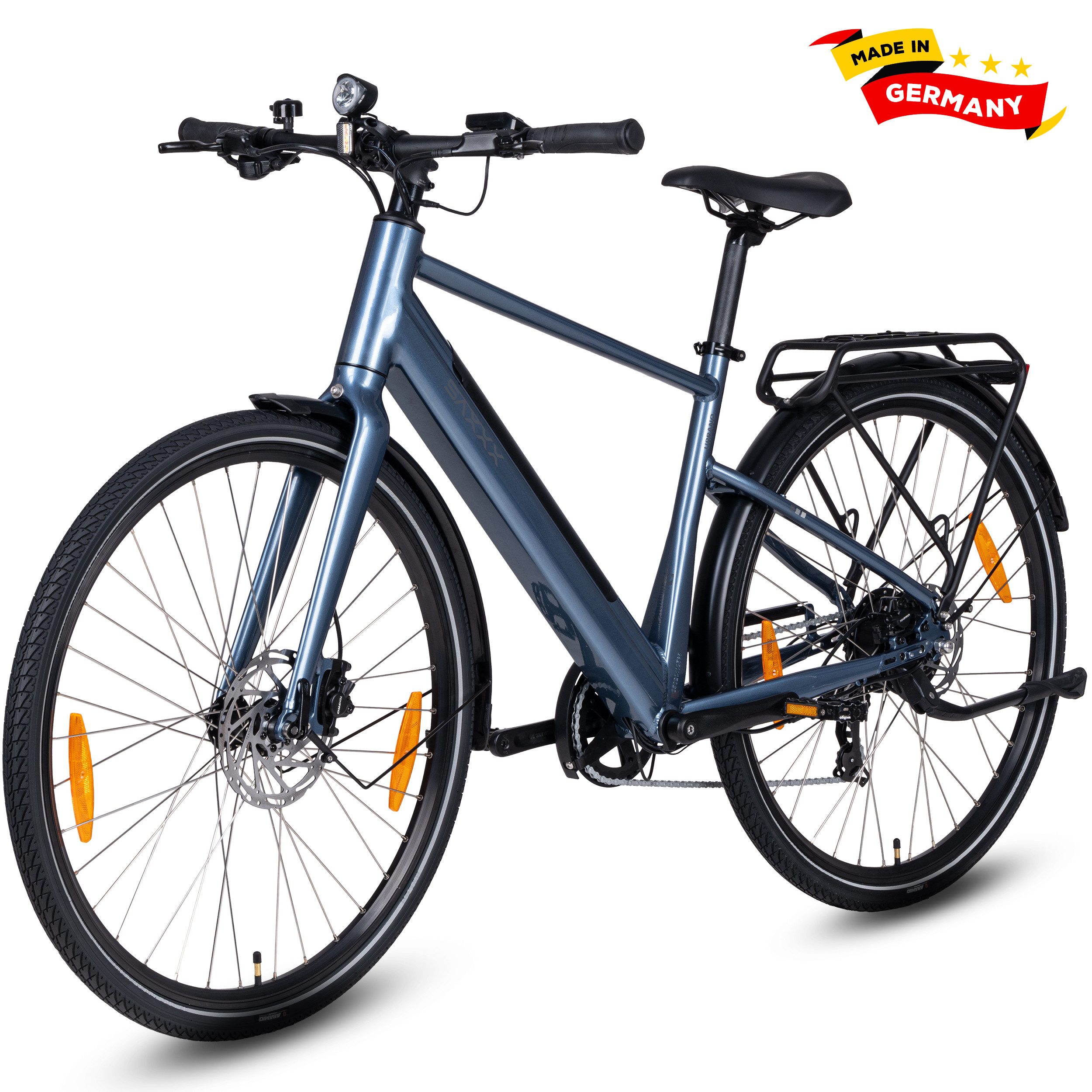 SAXXX E-Bike Cityrad 28 Zoll, 90km, Elektrofahrrad, nur 21,5kg, Tiefeinsteiger, RH: 48cm, 7 Gang Shimano, Kettenschaltung, Heckmotor, 417,6 Wh, E-Cityrad, Farb-LCD, Ananda Hinterradmotor, Tektro hydr. Bremsen