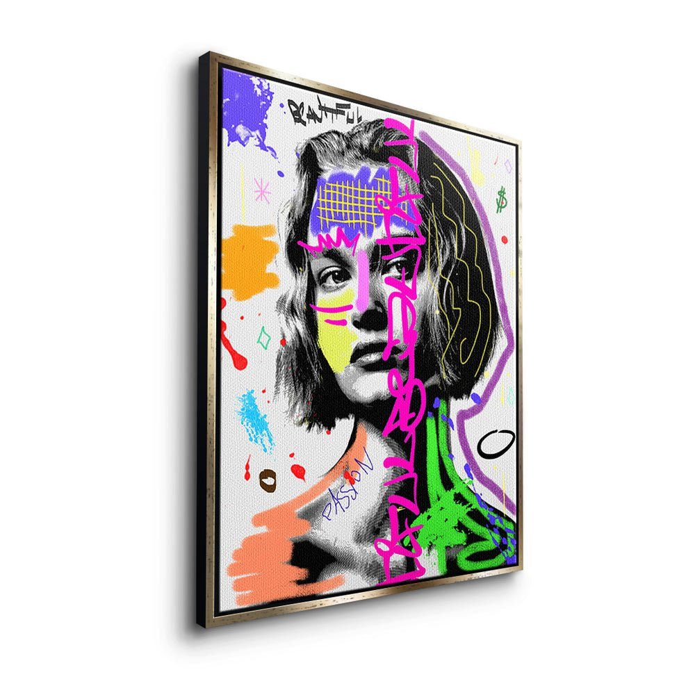 Leinwandbild, Lady Rahmen weiß mit Rahmen Graffiti Art Pop schwarzer Power DOTCOMCANVAS® Leinwandbild premium