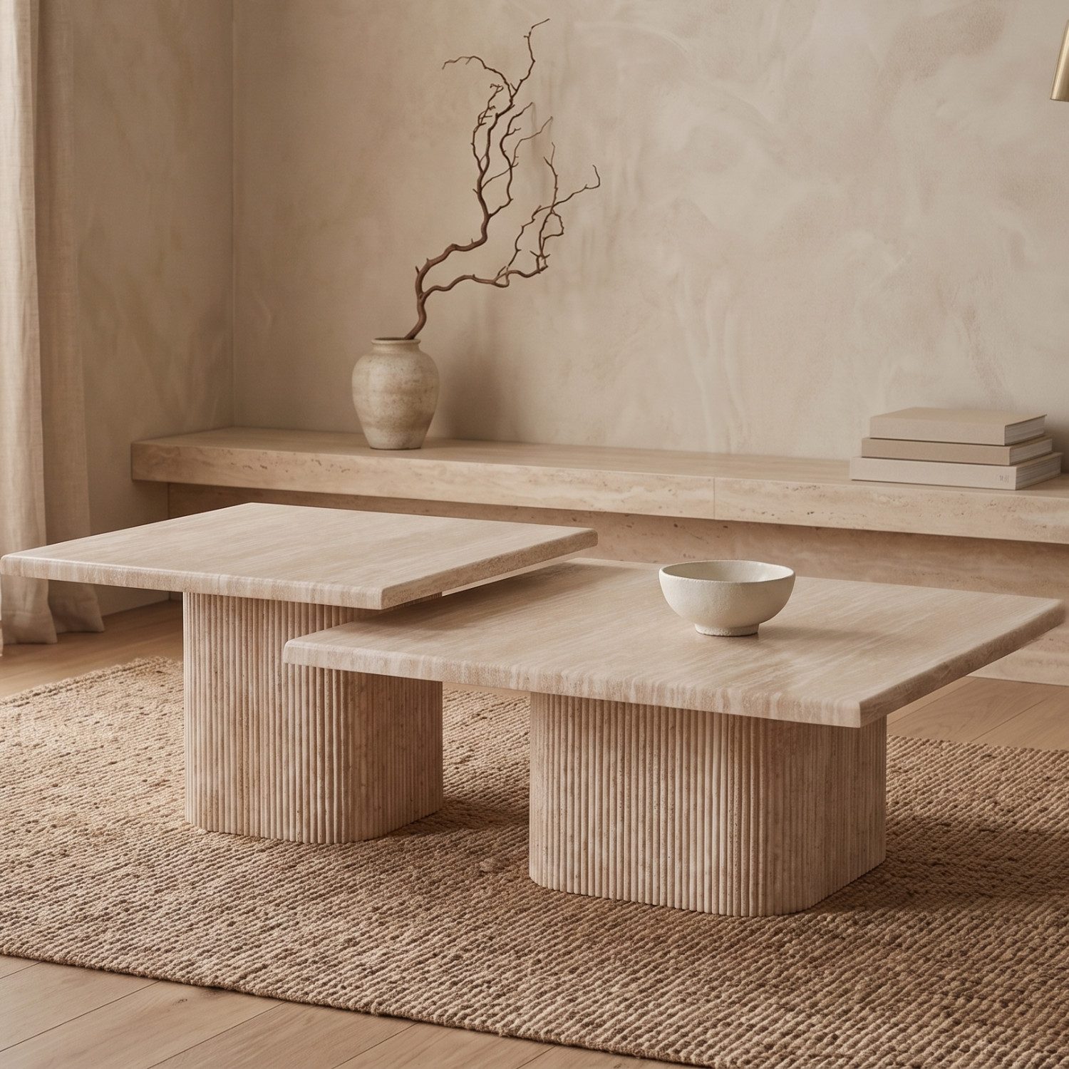 alesvelt Couchtisch Set Alviano Travertin Tischplatten mit edlem Sockel im Säulenstil 90cm (2-er Set), 90X90X38 CM + 70X70X45 CM