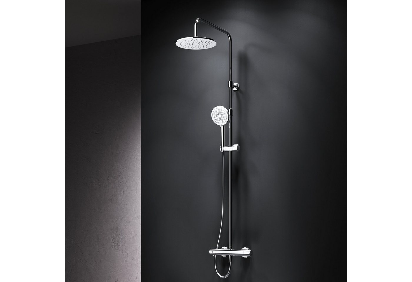 AM.PM Duschsystem PLAY mit Thermostat Ø 25 cm Regendusche & Handbrause Duscharmatur, Höhe 146 cm, 5 Strahlart(en), Brause Dusch-Komplettset mit Duschsäule, Air-In Technologie, Dusche Brauseset Anti-Kalk Silber / Chrom, Duschset Kopfbrause & Handdusche mit