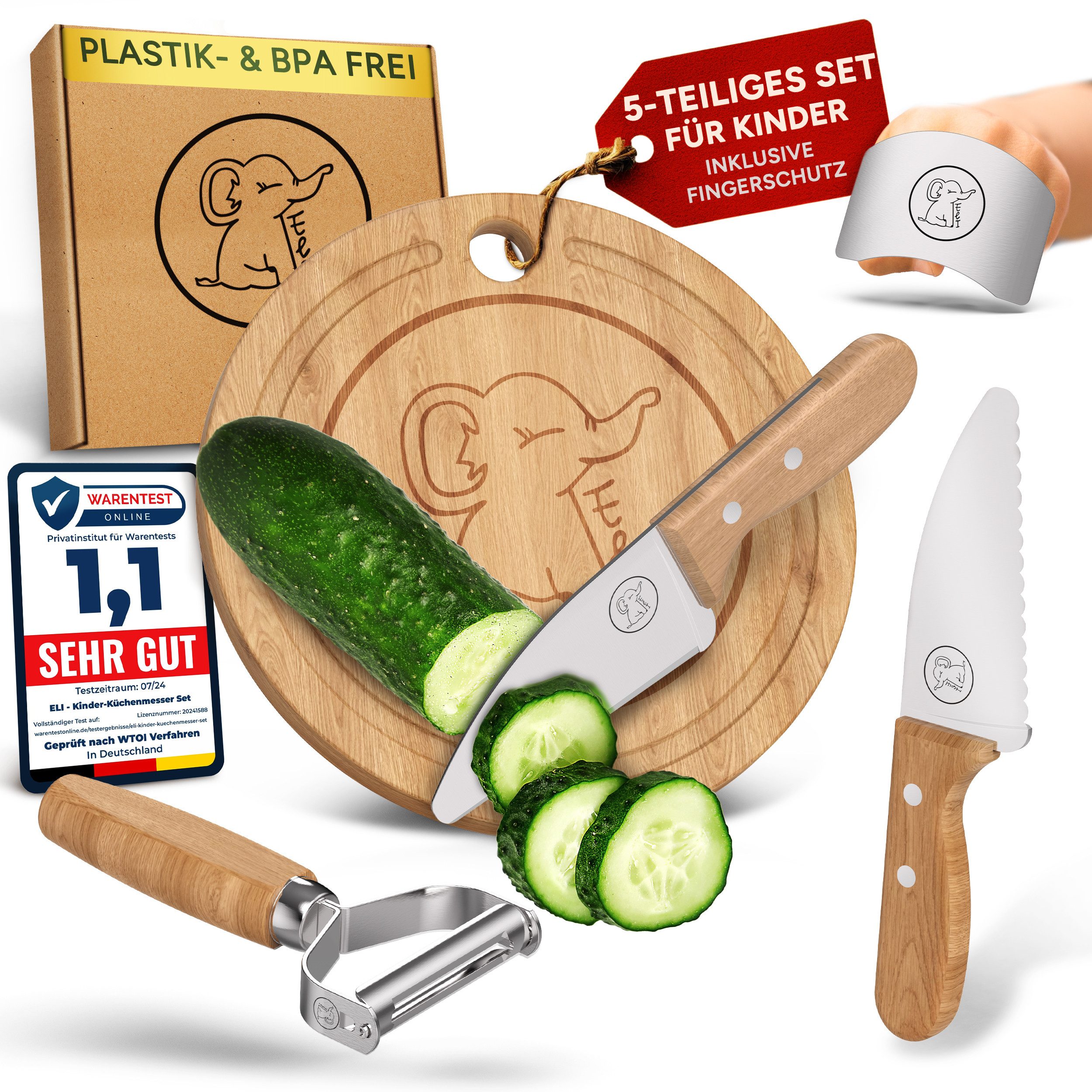 Eli Kinderkochmesser Küchenmesser Kinder Set inkl. Schneidebrett, Schäler und Fingerschutz, 5 teiliges hochwertiges Schneidemesser Set - rostfreier Edelstahl