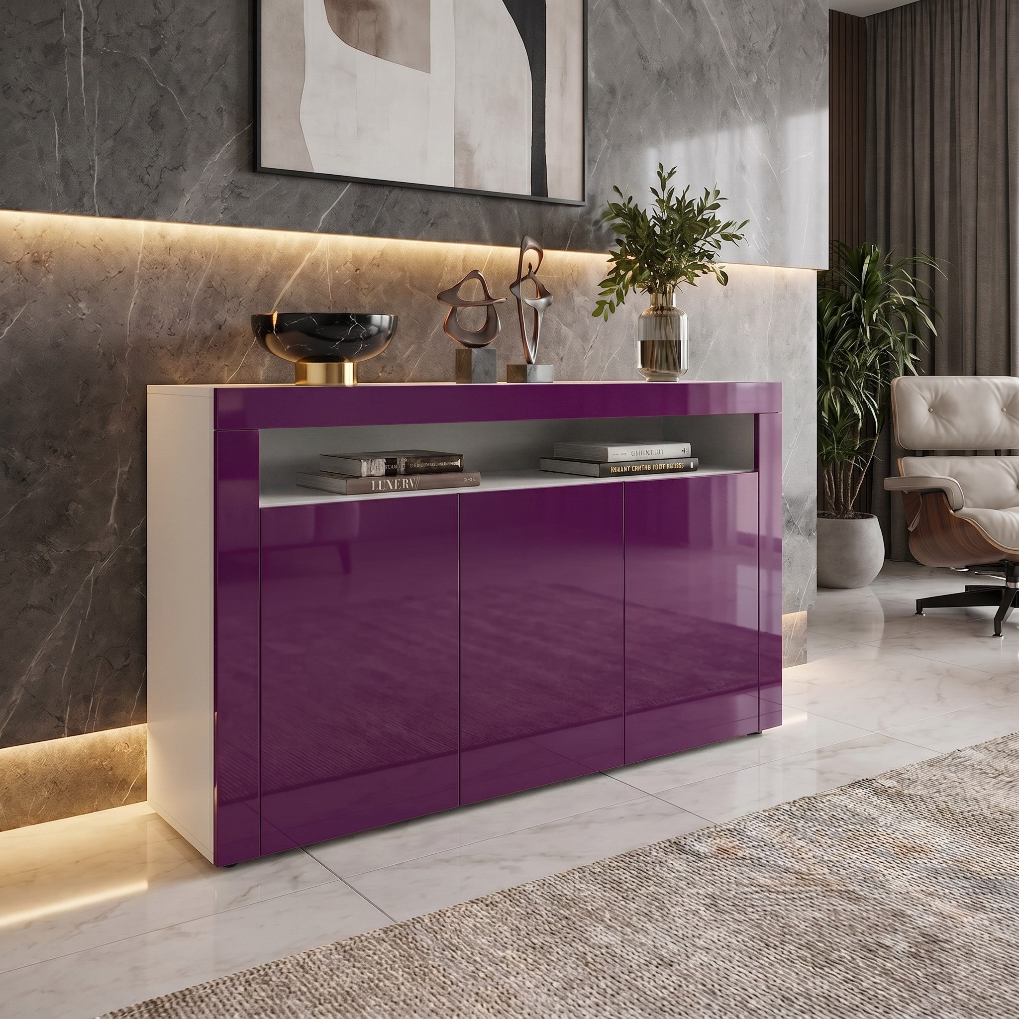Vladon Sideboard Valencia (Sideboard, mit 3 Türen und 1 offenem Fach), Weiß matt/Brombeer Hochglanz/Brombeer Hochglanz (155 x 92 x 40 cm)