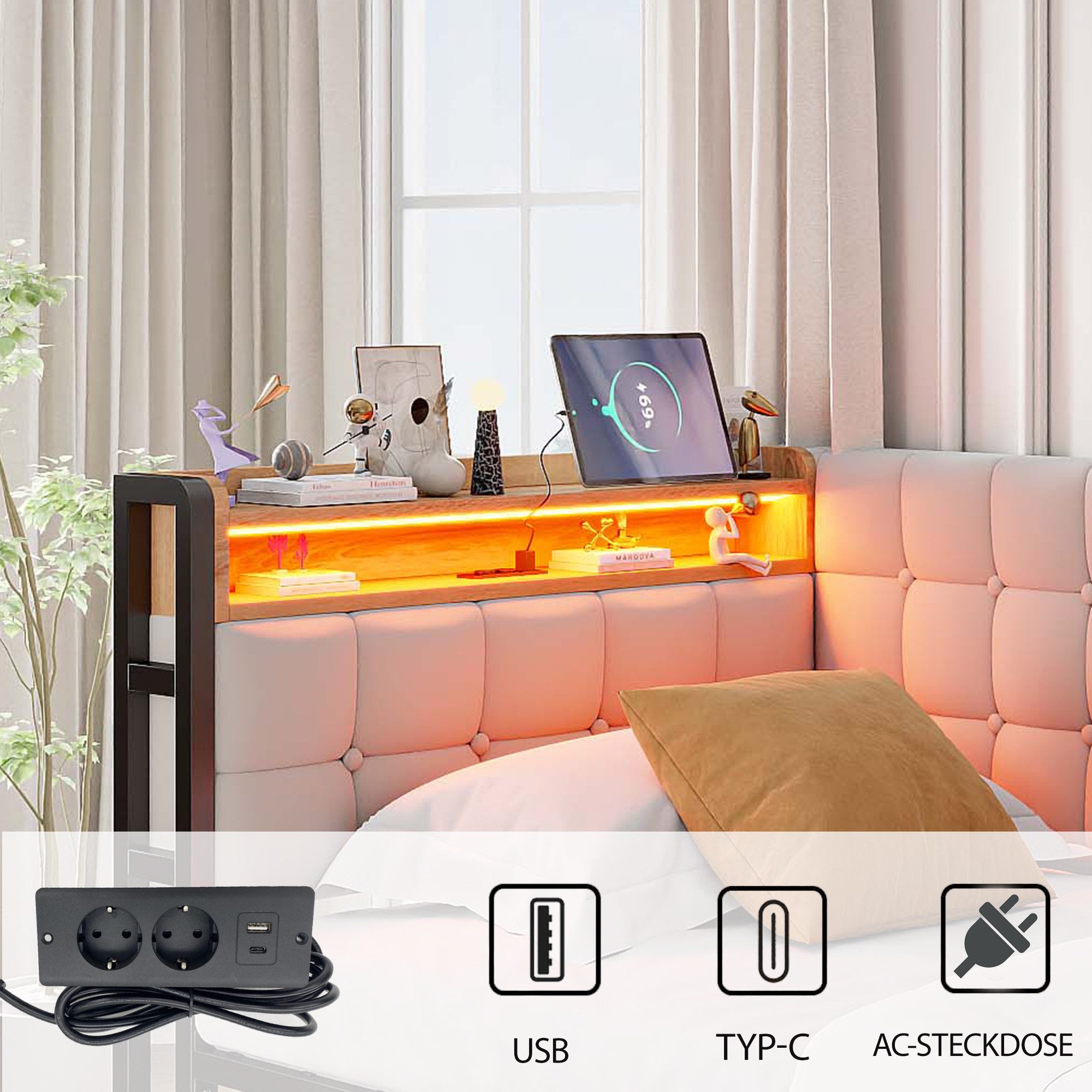 KLAM HOME Schlafsofa 90 X 200cm Gepolstertes Schlafsofa mit USB- und Typ-C-Anschluss, multifunktionales Kinder-Bootsbett, Schlafsofa Einzelbett Beige – Bild 5 von 5