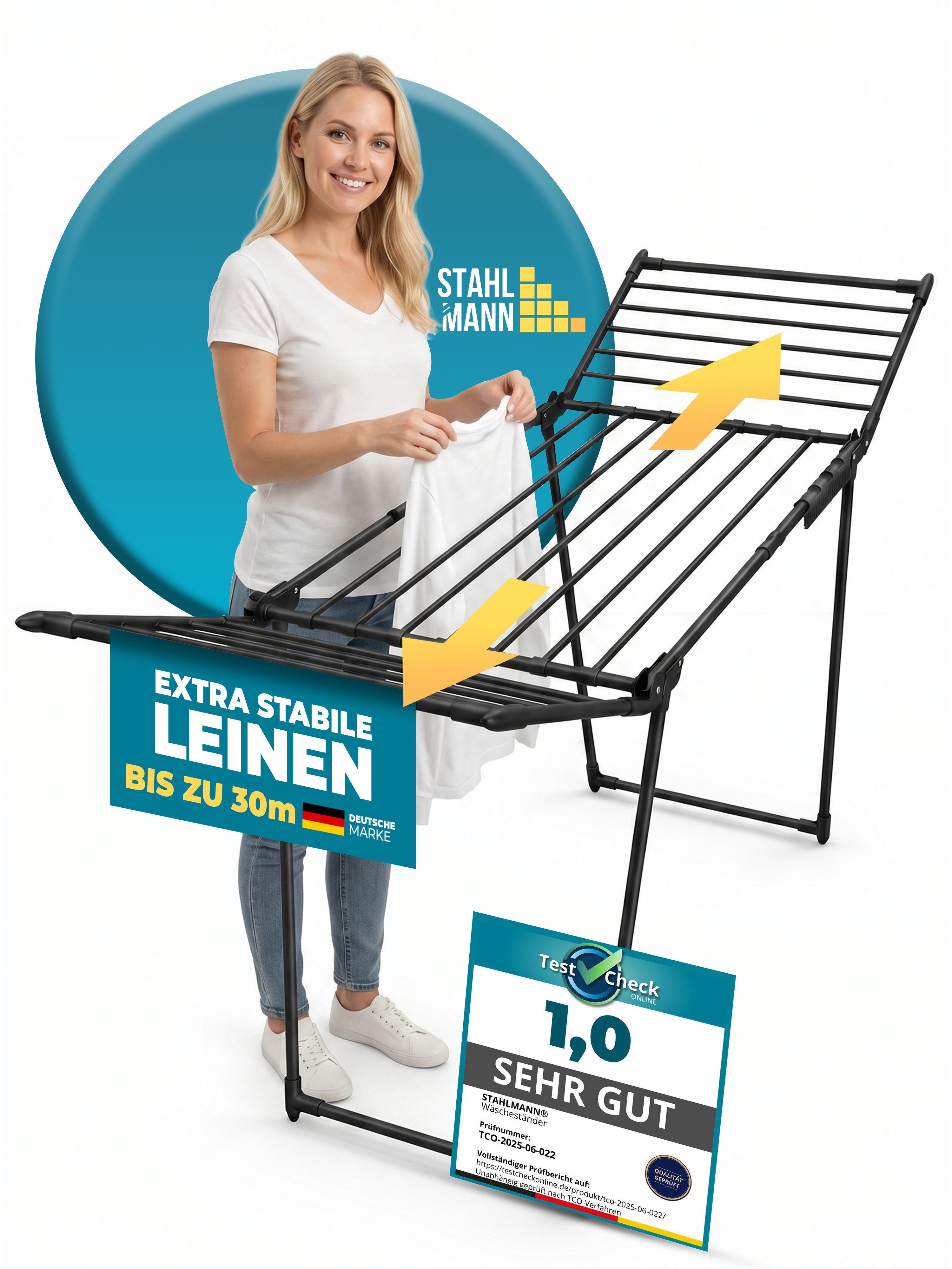 STAHLMANN COMMERCE GmbH Wäscheständer ausziehbar mit Flügeln, 30 m Trockenfläche, klappbar, schwarz, mit Rollen und Sockenhalter