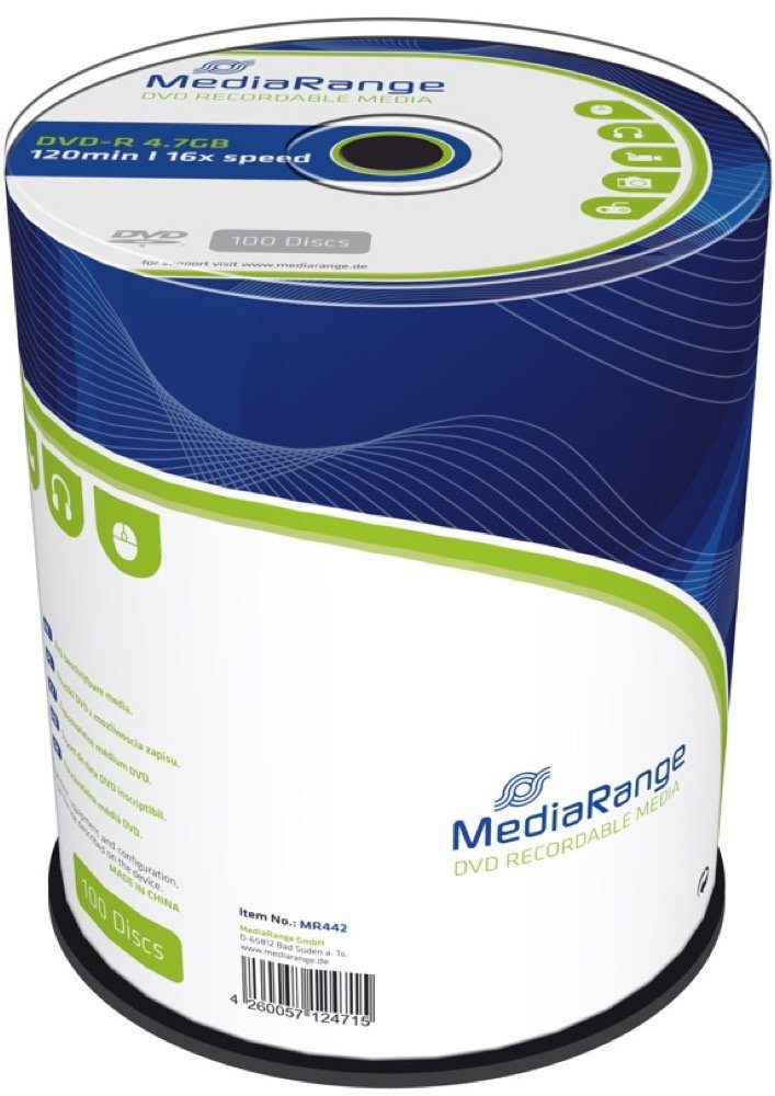 Mediarange DVD-Rohling 100 Mediarange Rohlinge DVD-R 4,7GB 16x Spindel