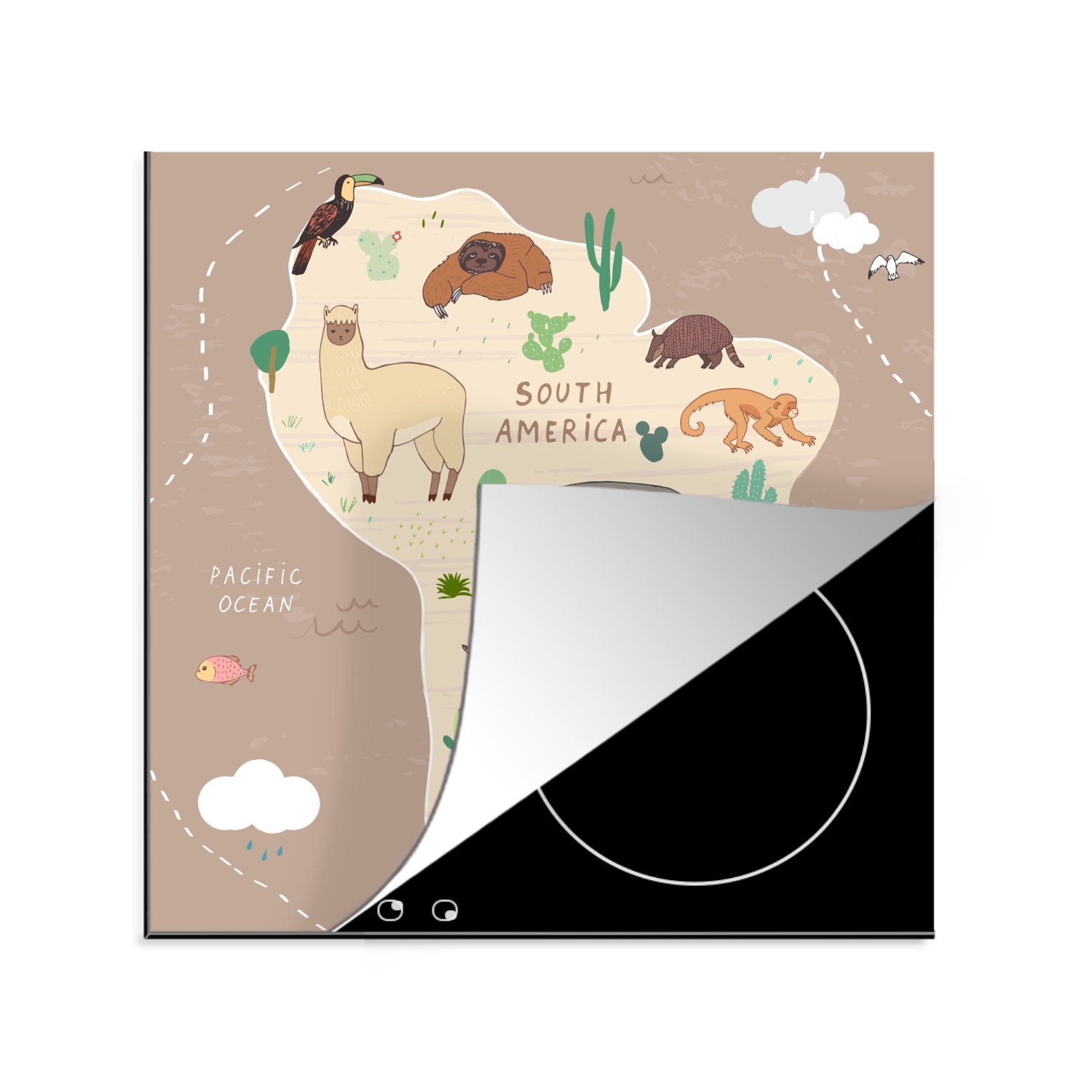 Ceranfeldabdeckung, für Kinder (1 Tiere Vinyl, 78x78 - Braun cm, Arbeitsplatte Herdblende-/Abdeckplatte - Kinder - MuchoWow tlg), Jungen - - Mädchen, küche Weltkarte