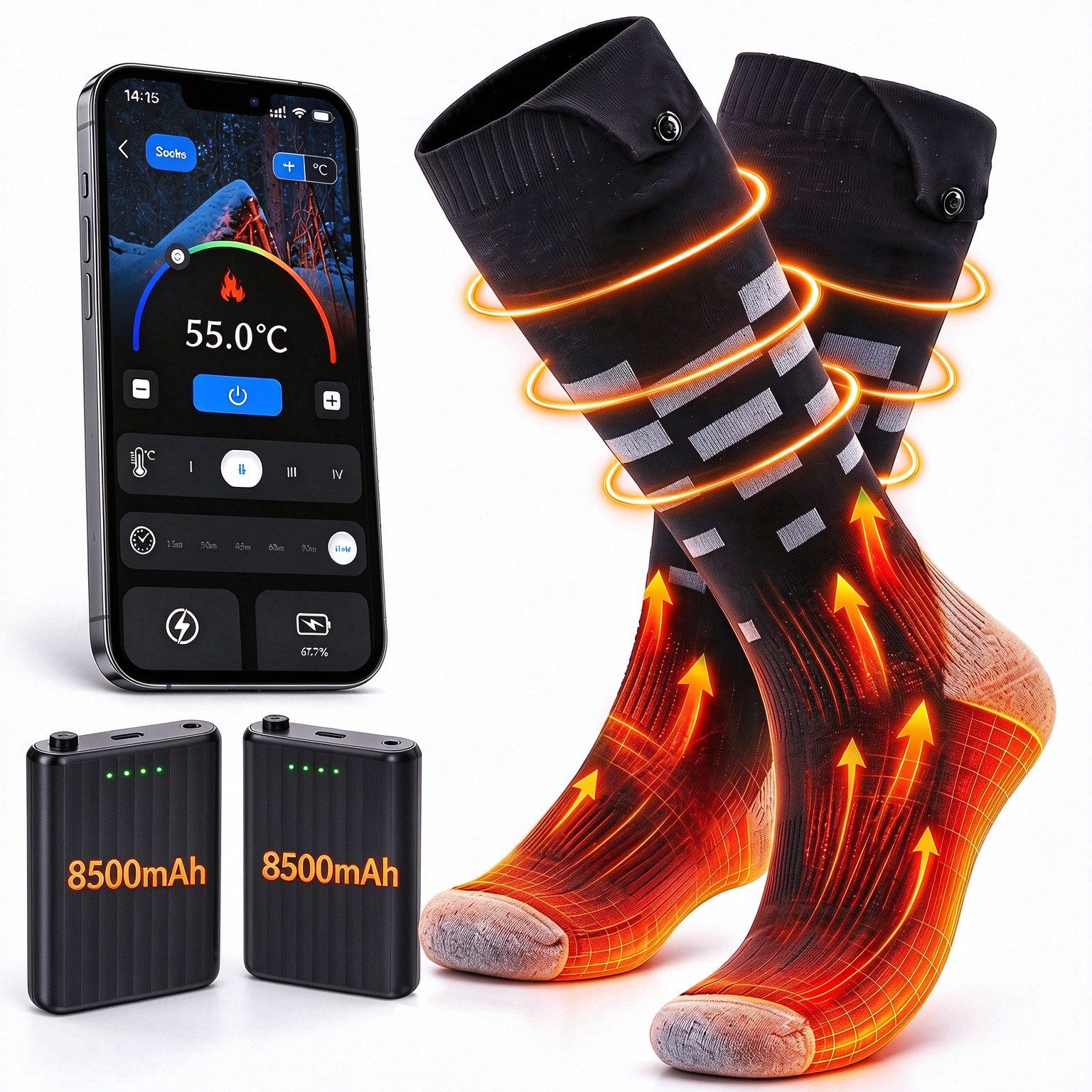 ALLJOY Funktionssocken Heizsocken Elektrisch,Wärmesocken mit intelligenter Temperaturregelung (8500mAh Akku mit langer Laufzeit, Heizsocken mit Fernbedienung) Bluetooth‑App‑Steuerung,Schnellheizmodus,Waschbar nach Akku‑Entnahme