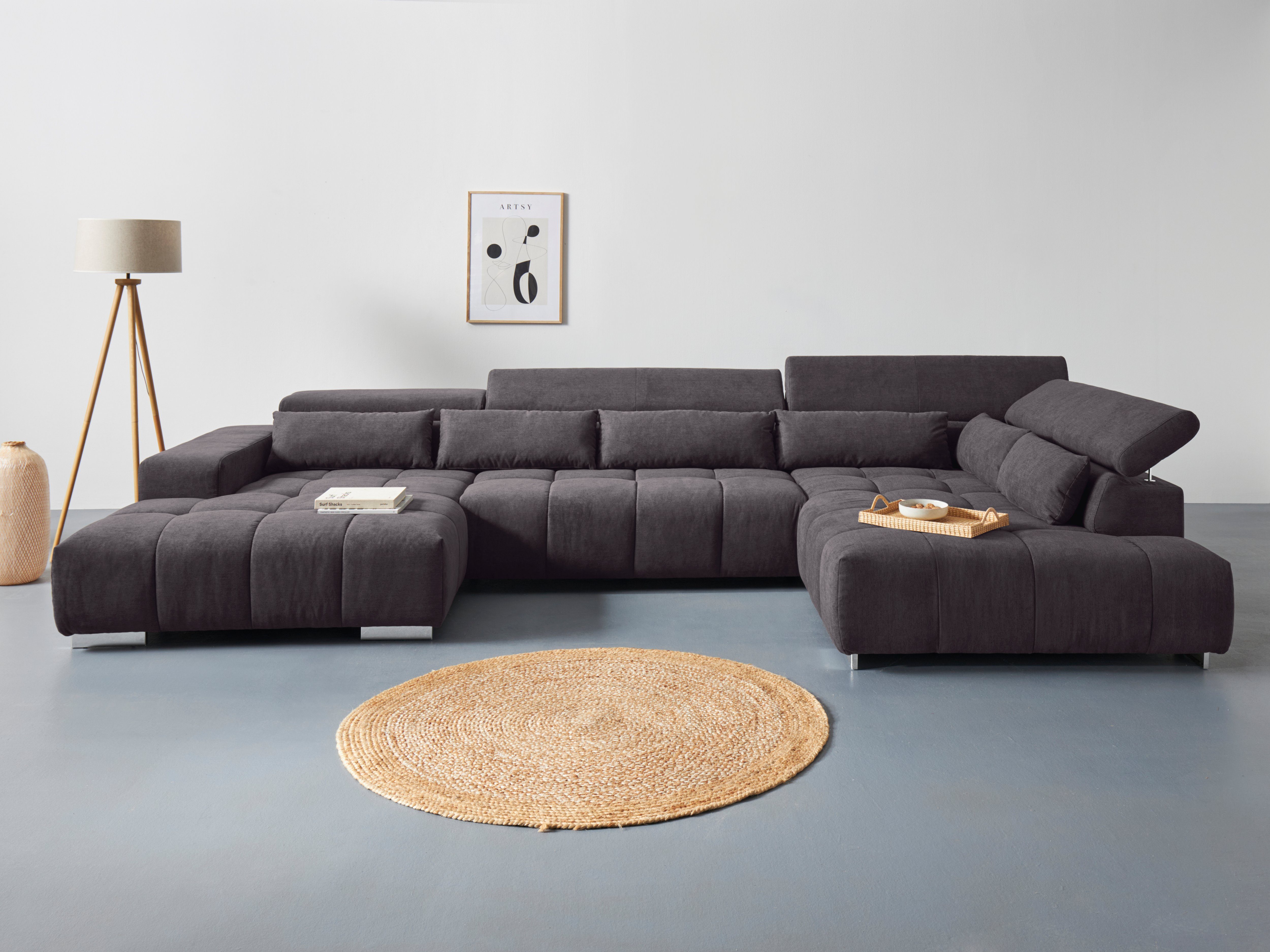 COTTA Wohnlandschaft Orion U-Form XXL, B: 409 cm, bequeme Wellenunterfederung, top modern, mit Kopfteilverstellung & 6 Nierenkissen