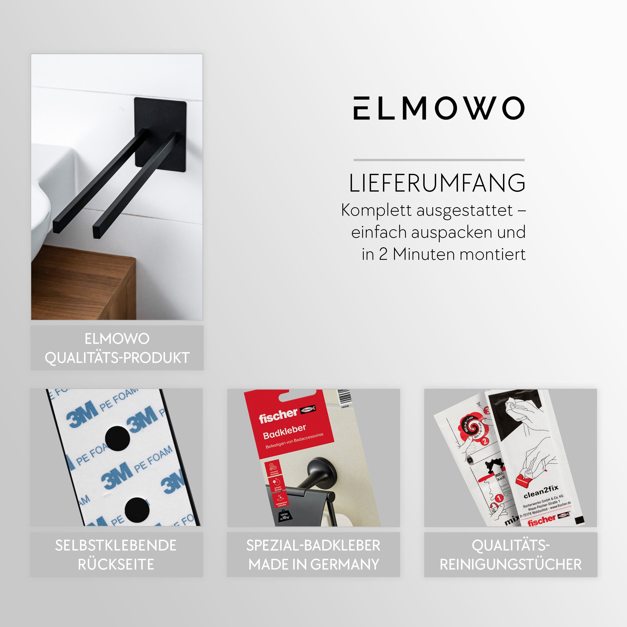 ELMOWO Doppelhandtuchhalter ohne Bohren aus Edelstahl für 2 Handtücher zur Wandmontage, Handtuchhalter zweiarmig mit 3M-Klebefläche & Spezialkleber