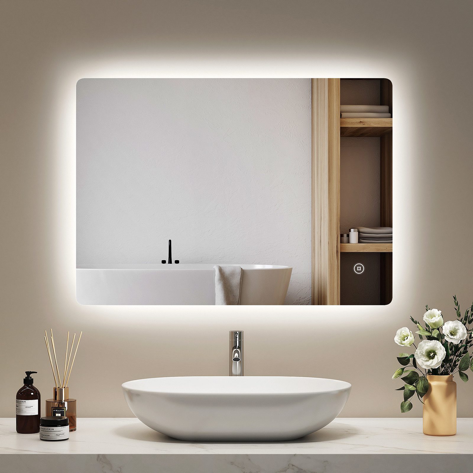 EMKE Badspiegel mit LED-Beleuchtung, Antibeschlag, Lichtfarben, Dimmbar,Touch-Schalter (Vertikal und Horizontal möglich), Wandspiegel mit Beleuchtung und Touch-Schalter Dimmbar IP44