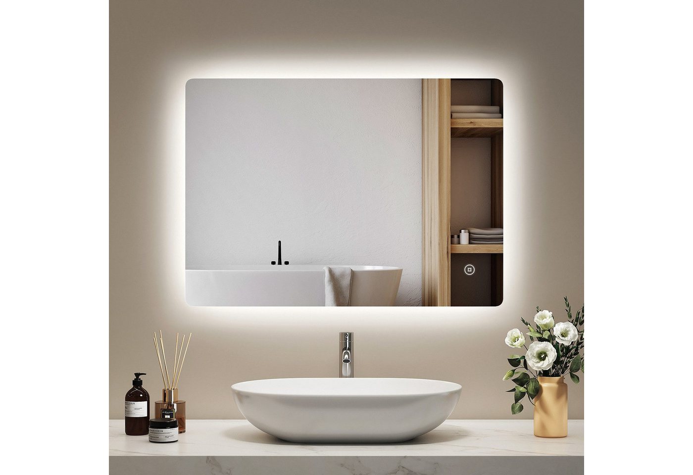 EMKE Badspiegel LED-Badspiegel 70 × 50 cm, dimmbar, mit Antibeschlag (Vertikal und Horizontal möglich), 6500 K Kaltweiß, Touch, Memory, Auto-Aus, IP44, rahmenloses Design