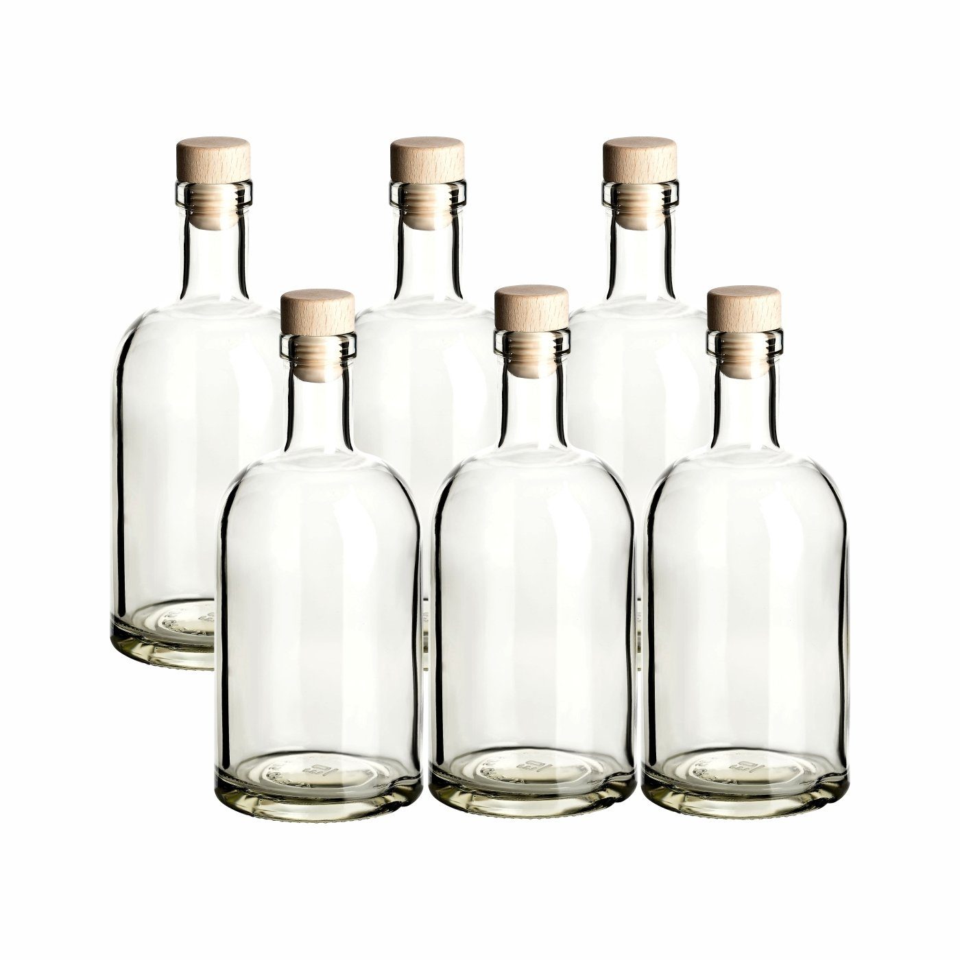 gouveo Trinkflasche Glasflaschen “Klassik” mit Korken - Runde Flasche aus Glas, 6er Set 500ml, transparent, Holzgriffkorken Transparent-Holzgriffkorken