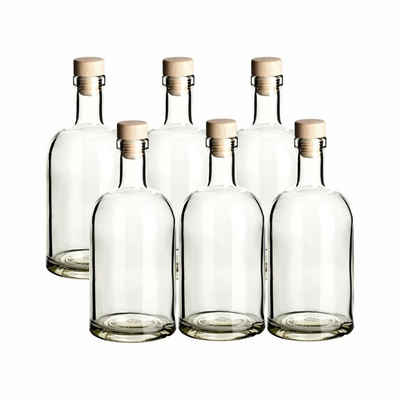 gouveo Trinkflasche Glasflaschen “Klassik” mit Korken - Runde Flasche aus Glas, 6er Set 500ml, transparent, Holzgriffkorken