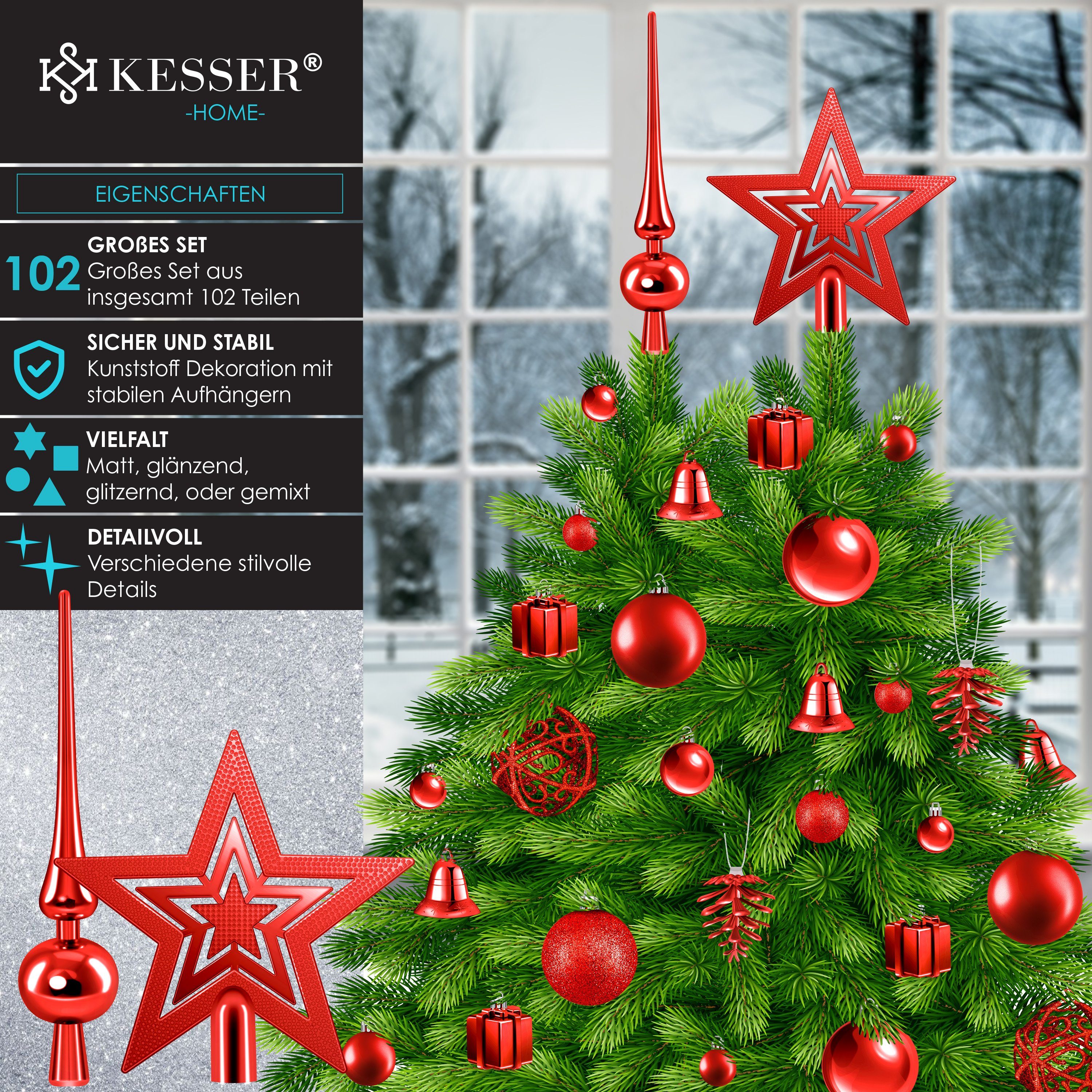 KESSER Christbaumschmuck Baumspitze 102-teiliges rot (102-tlg), Set Weihnachtskugeln Christbaumkugeln
