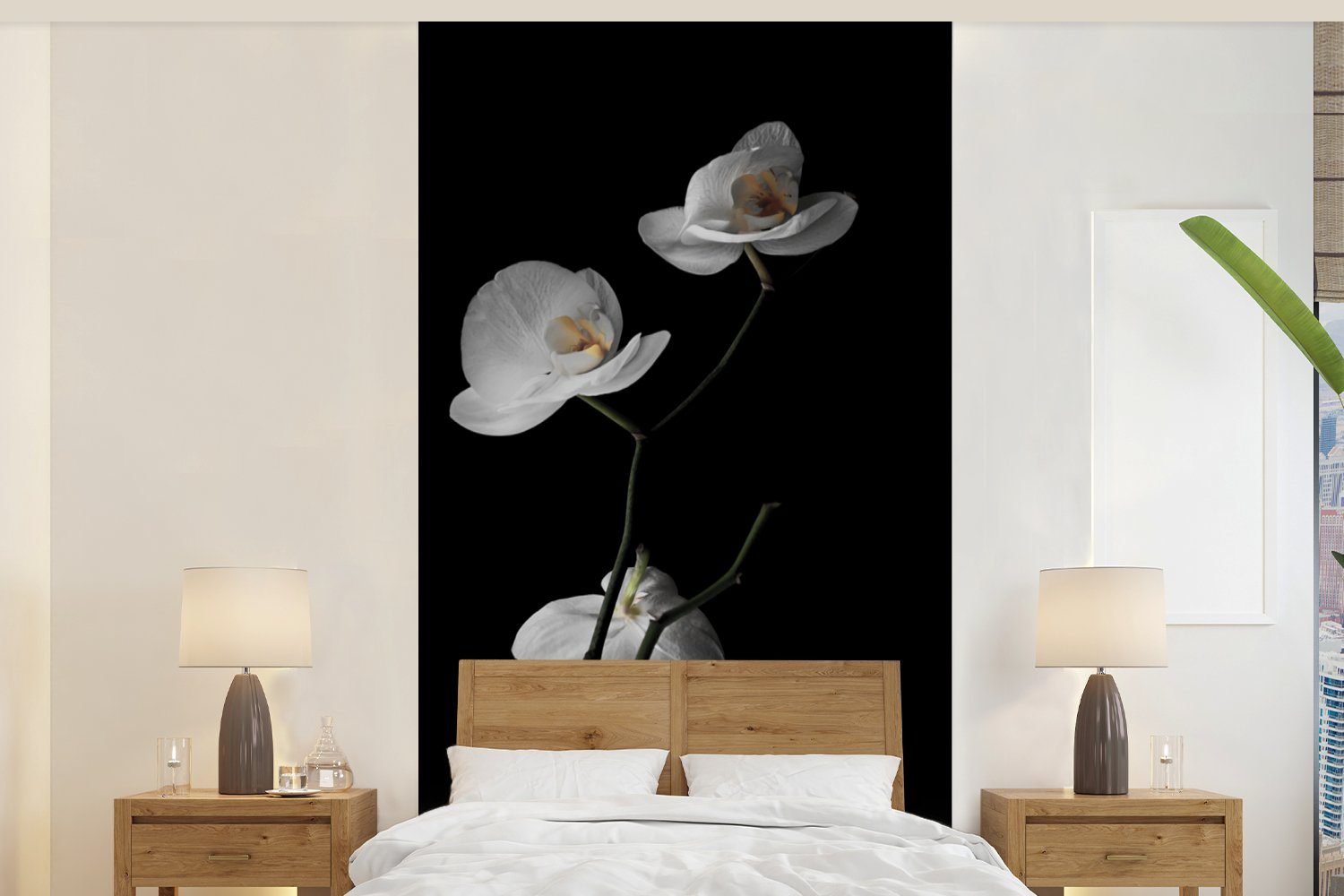 - Küche, St), Matt, Weiß Orchidee - Fototapete Blumen Schwarz Stilleben, bedruckt, Fototapete - Vliestapete für Wohnzimmer - (2 Schlafzimmer MuchoWow