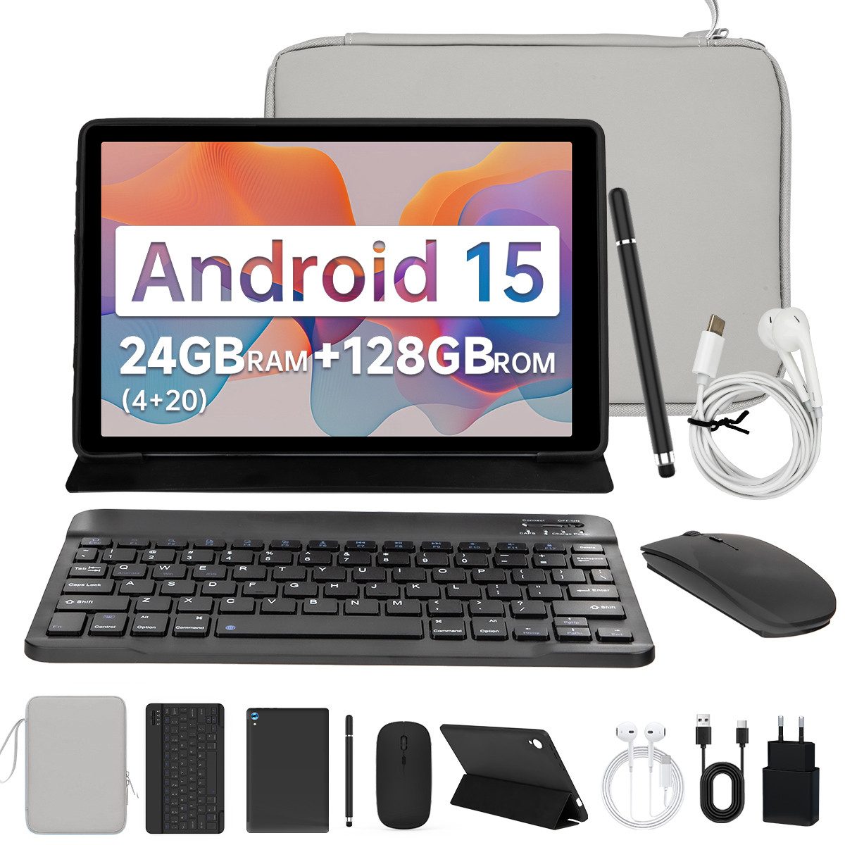 BUFO 10.1 Zoll Android, 4GB/6GB+128GB, 1280x800 HD, incl. Hülle Set Tablet (10", 128 GB, Android 15, Octa core mit Tastatur, Stift, Maus, Hülle, Kopfhörer, WiFi 6 BT 5)