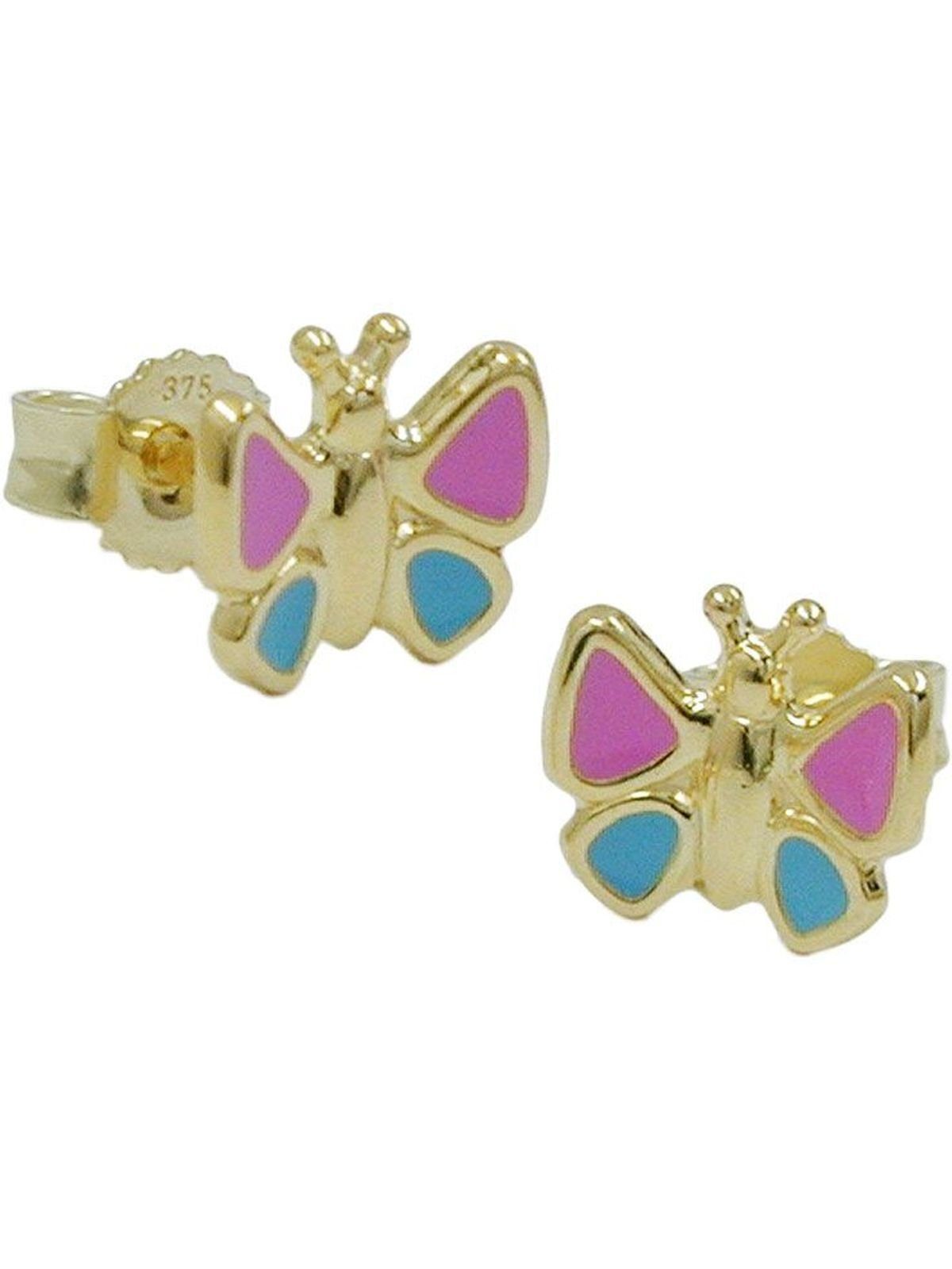 9Kt pink-hellblau 7mm Paar GOLD Ohrstecker Ohrring Gallay Schmetterling (1-tlg)