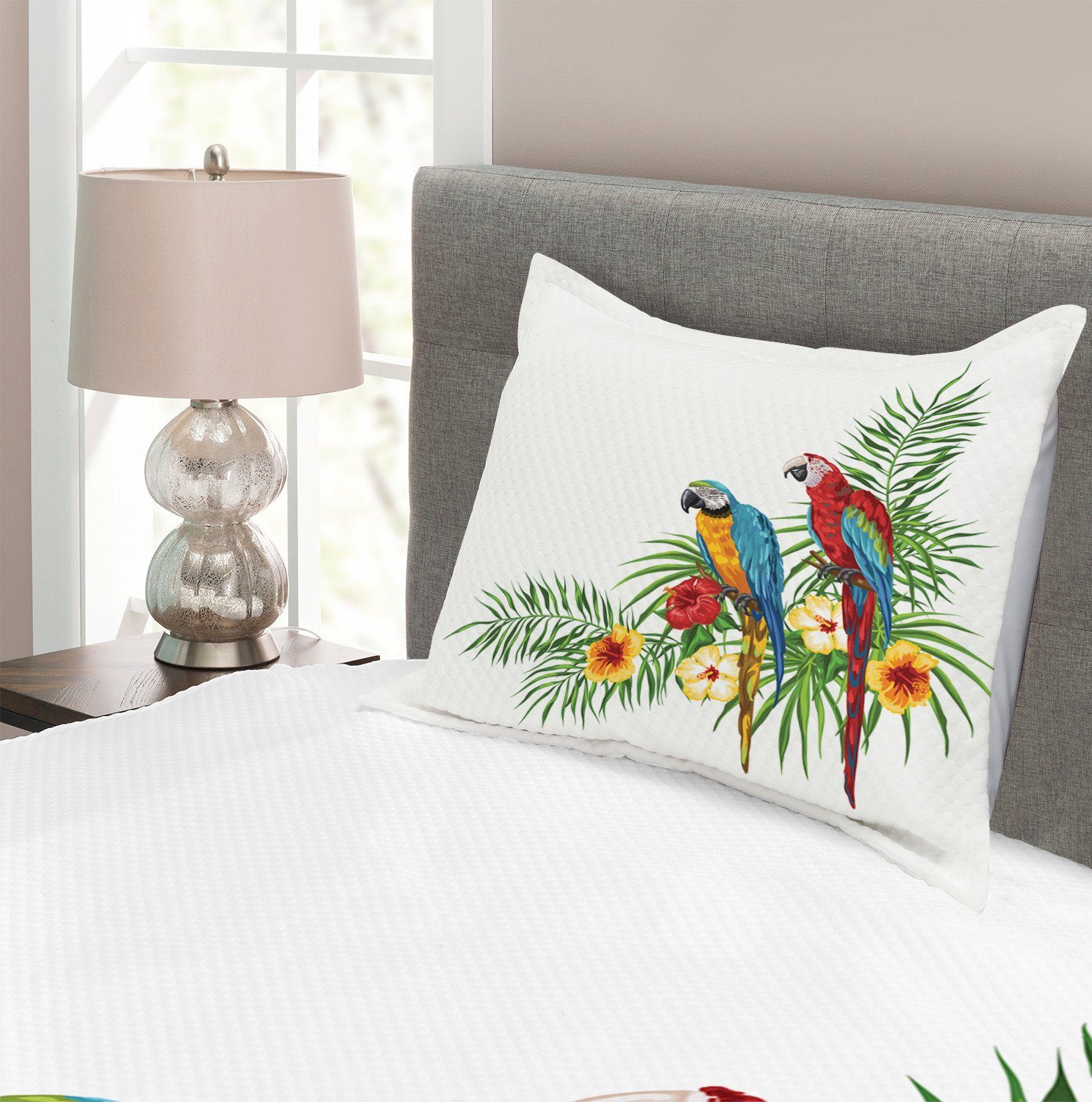 Tropische mit Kissenbezügen Vogel-Druck Blumen Tagesdecke Abakuhaus, Set Waschbar, Papageien
