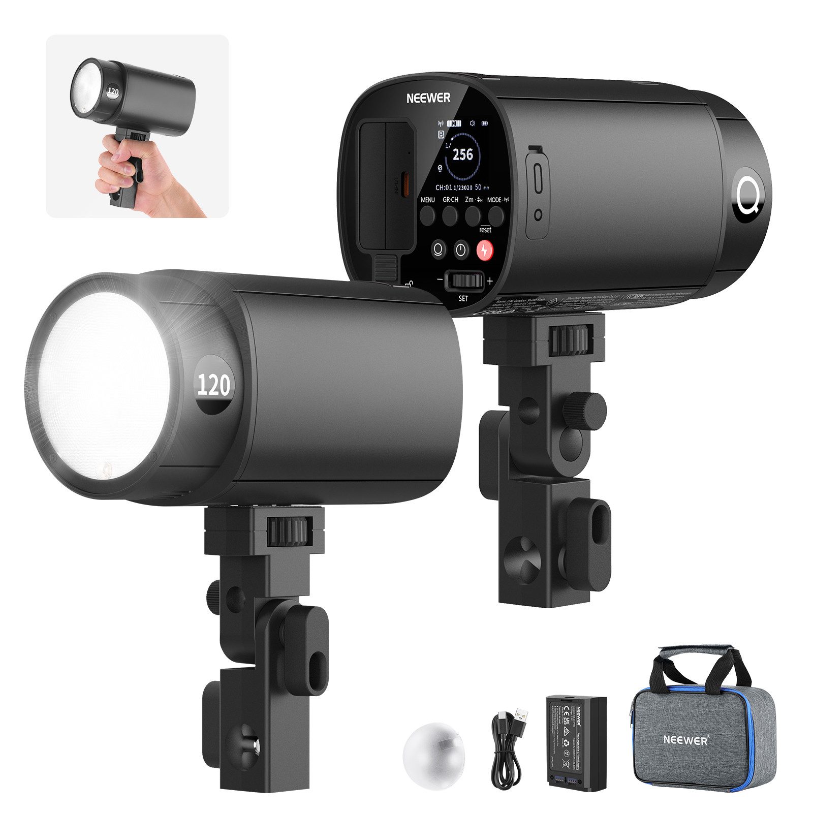 Neewer Q120 120Ws 2,4G TTL Outdoor Blitzgerät, 1/8000s HSS Studio Monolight Blitzgerät, (kompatibel mit Godox, 3000mAh Akku / 420 Blitze / 1,5s Blitzladezeit)