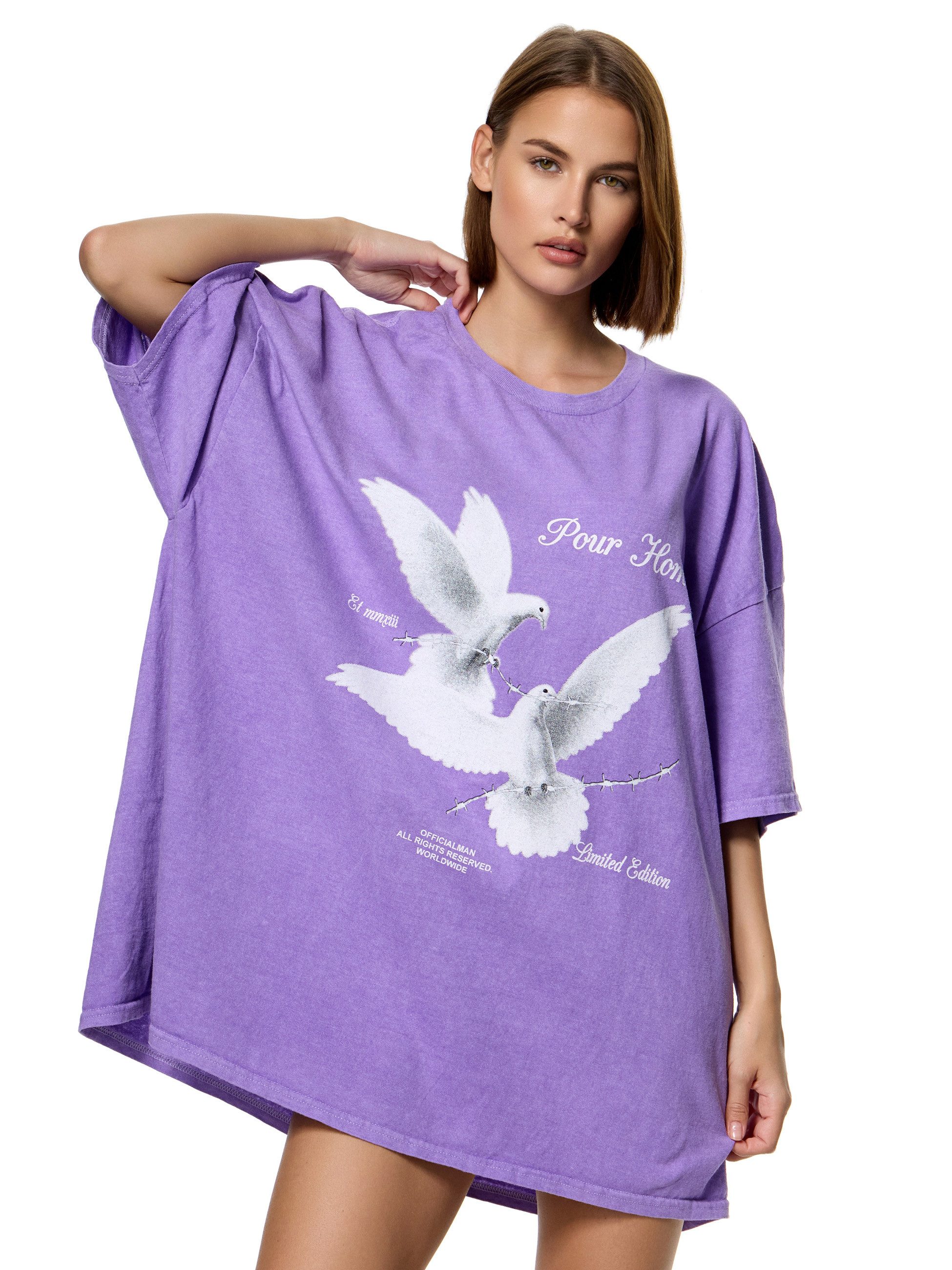 Worldclassca T-Shirt Worldclassca Oversized Print Weiße Tauben T-Shirt lang Tee Sommer Oberteil