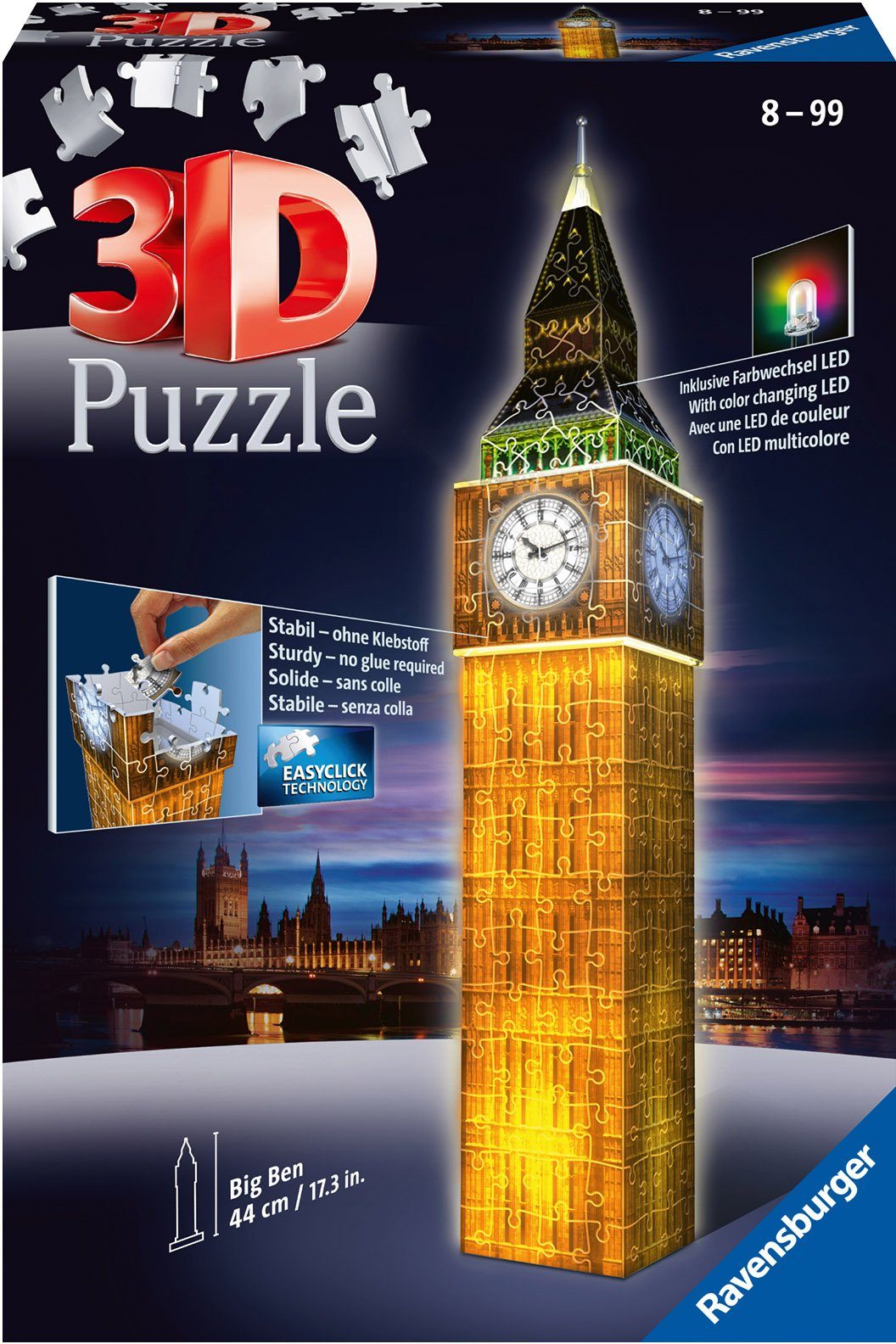 Ravensburger 3D-Puzzle Big Ben bei - 216 in mit LEDs; weltweit Europe, schützt Made Nacht, Farbwechsel Puzzleteile, Wald FSC® 