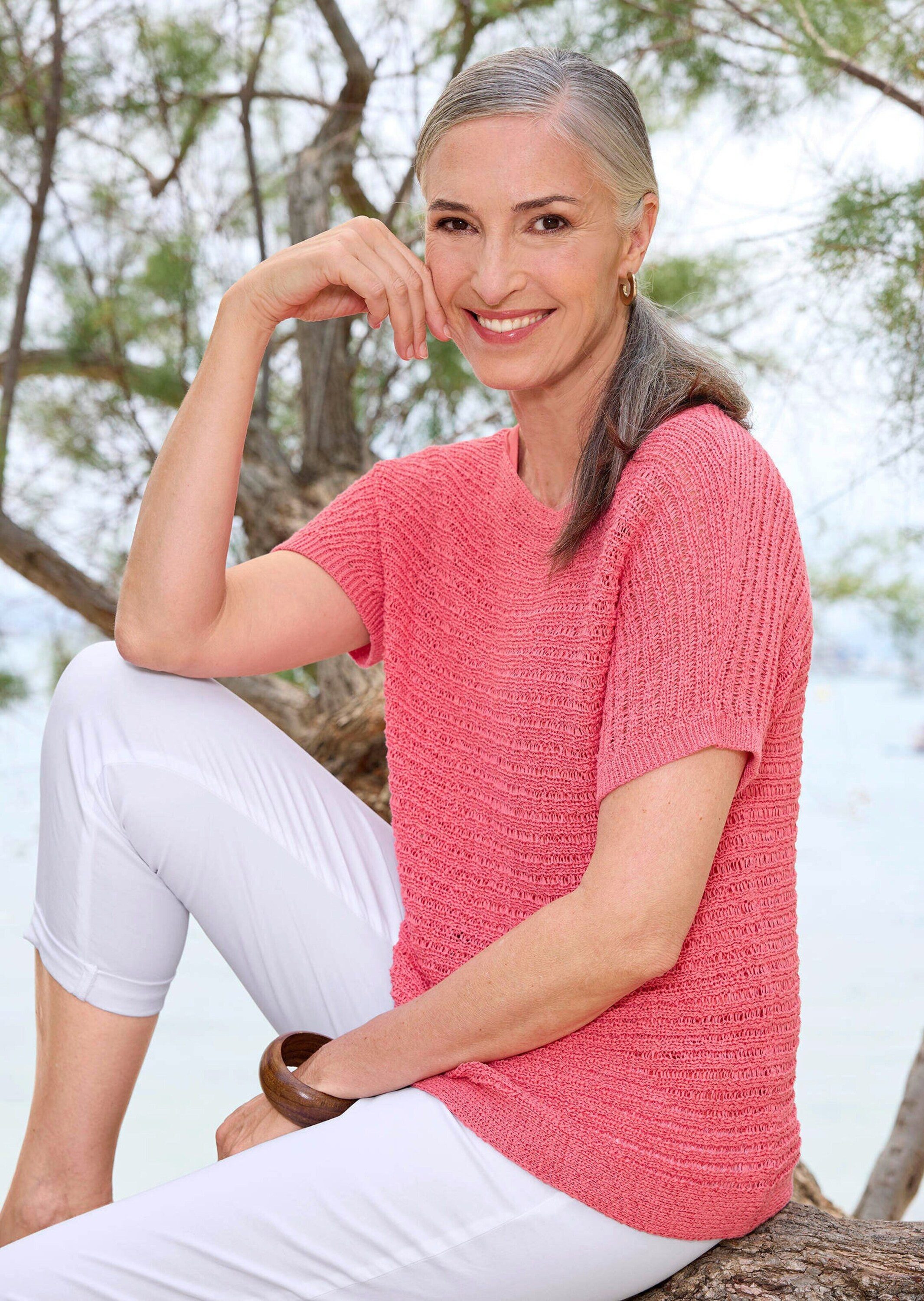 GOLDNER Strickpullover Kurzarm-Pullover mit Rippen Lässiges Halbarm Strickoberteil aus Bändchengarn, U-Boot-Ausschnitt