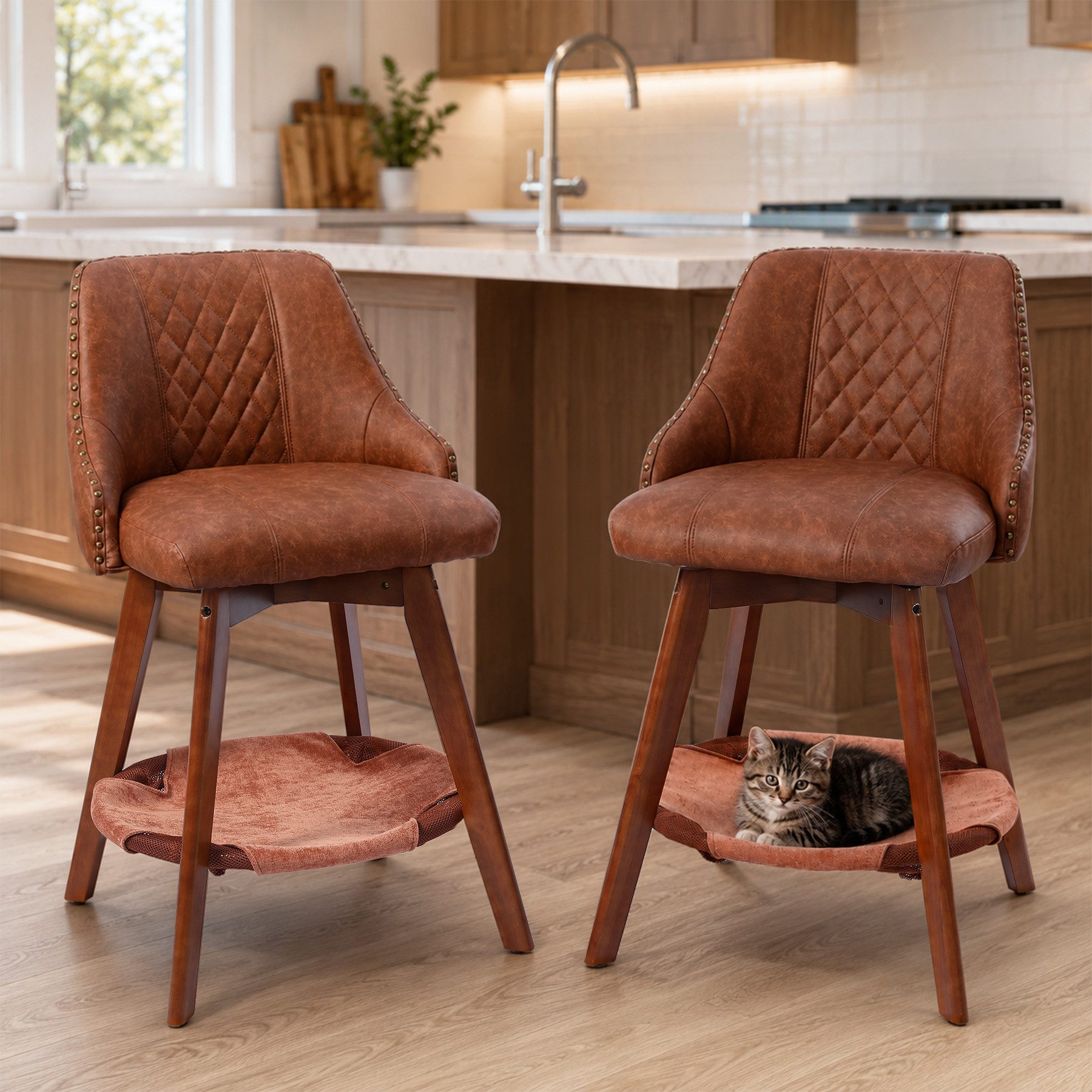 HomeMiYN Barhocker Barhocker 2er Set gepolstert mit Rückenlehne, PU Leder, Katzenhöhle, 2-in-1 Design mit Katzenhöhle, Polsterung und Fußstütze