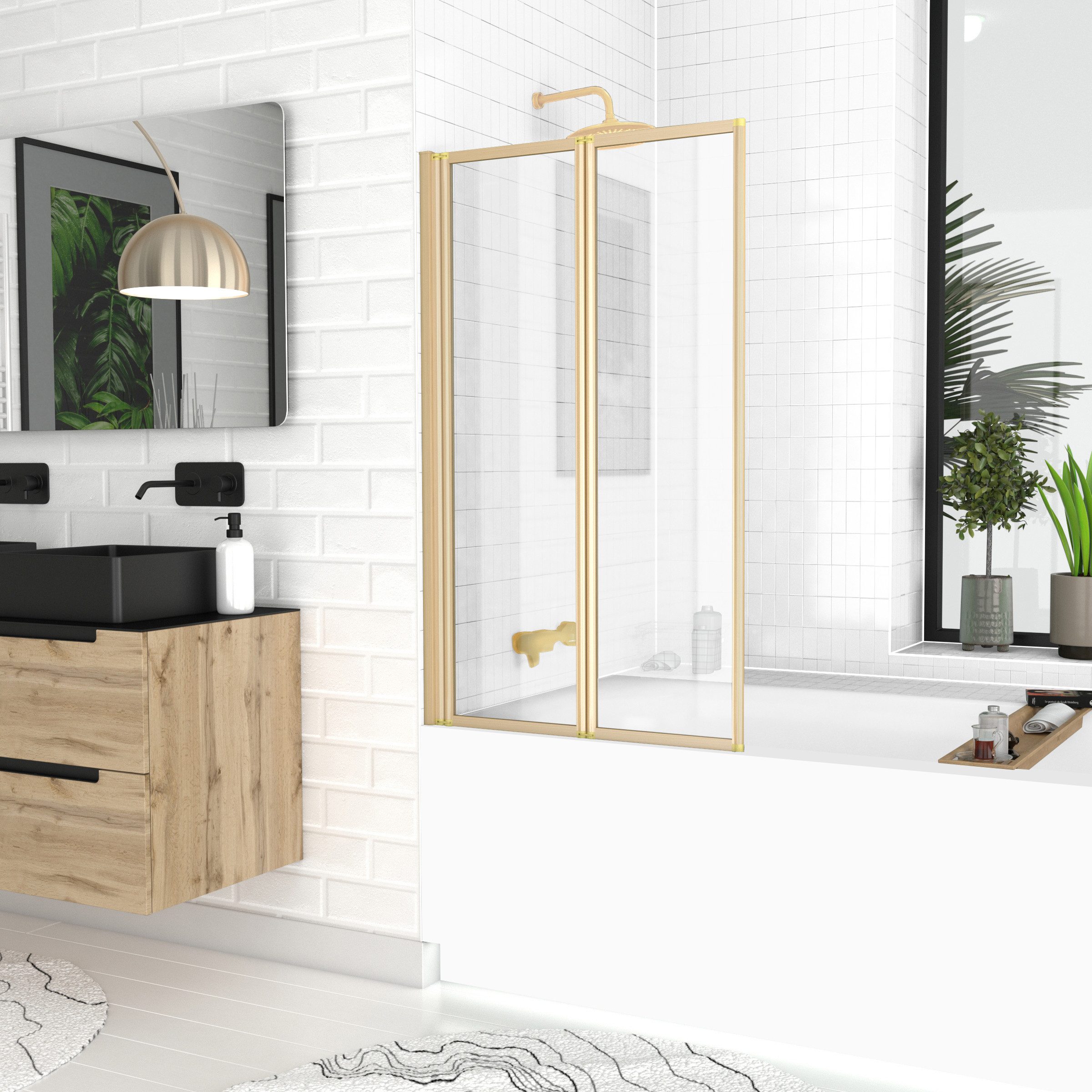 Marwell Badewannenaufsatz Double Gold, Einscheibensicherheitsglas, für Badewanne, 2 schwenkbare Faltwände