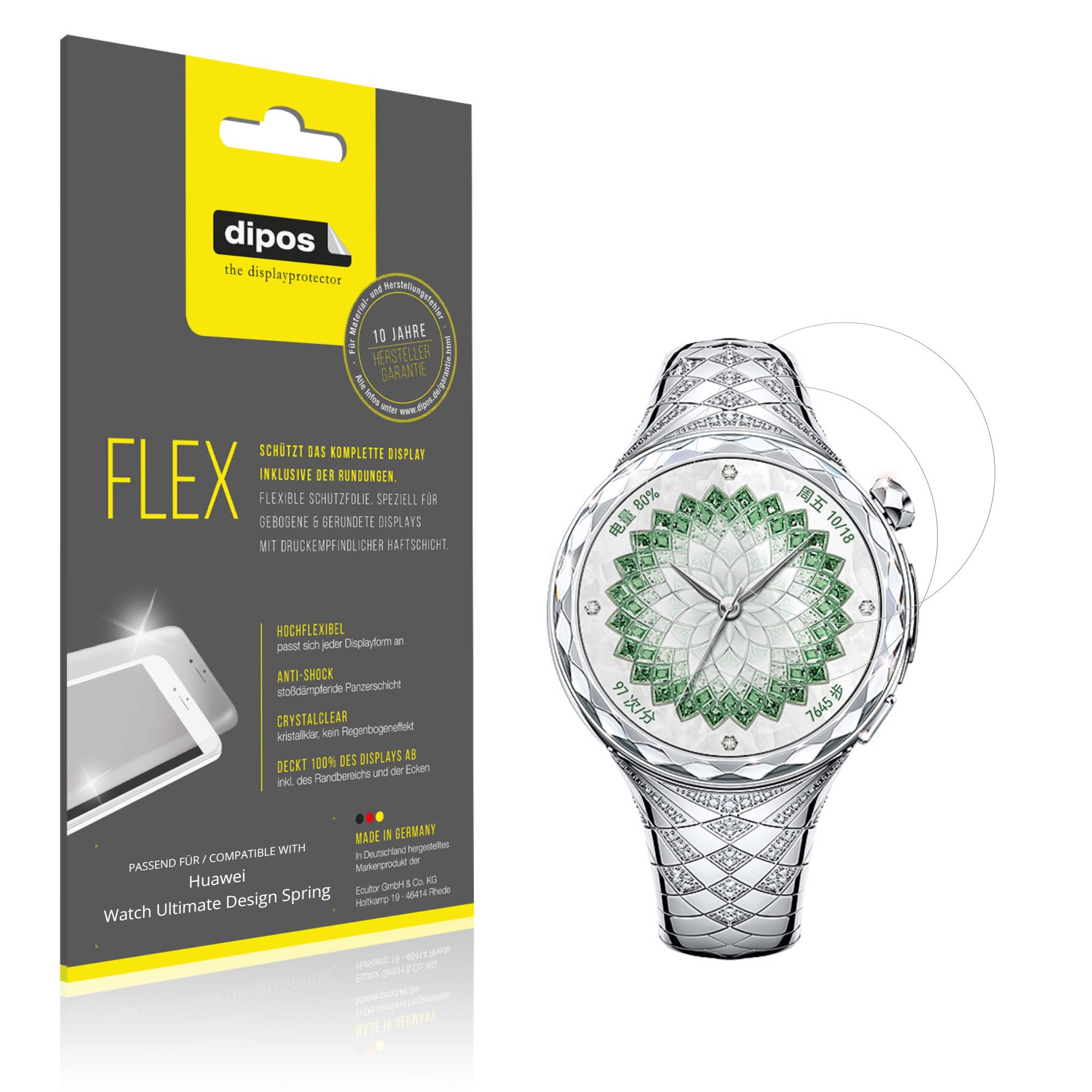 dipos Displayschutzfolie Schutzfolie für Huawei Watch Ultimate Design Spring, 2 Stück, Displayschutz Schutz Folie Made in Germany