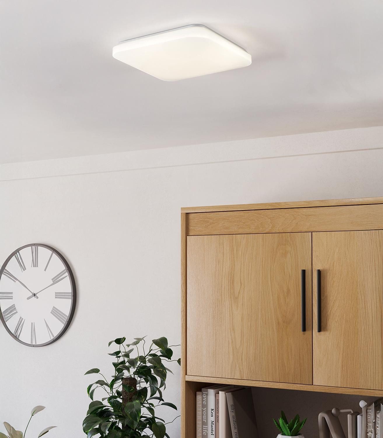 EGLO LED Deckenleuchte POGLIOLA, 33 x 33 cm, Weiß, Kunststoff, Stahl, Anpassung der Farbtemperatur, LED fest integriert, Extra-Warmweiß, Neutralweiß, Tageslichtweiß