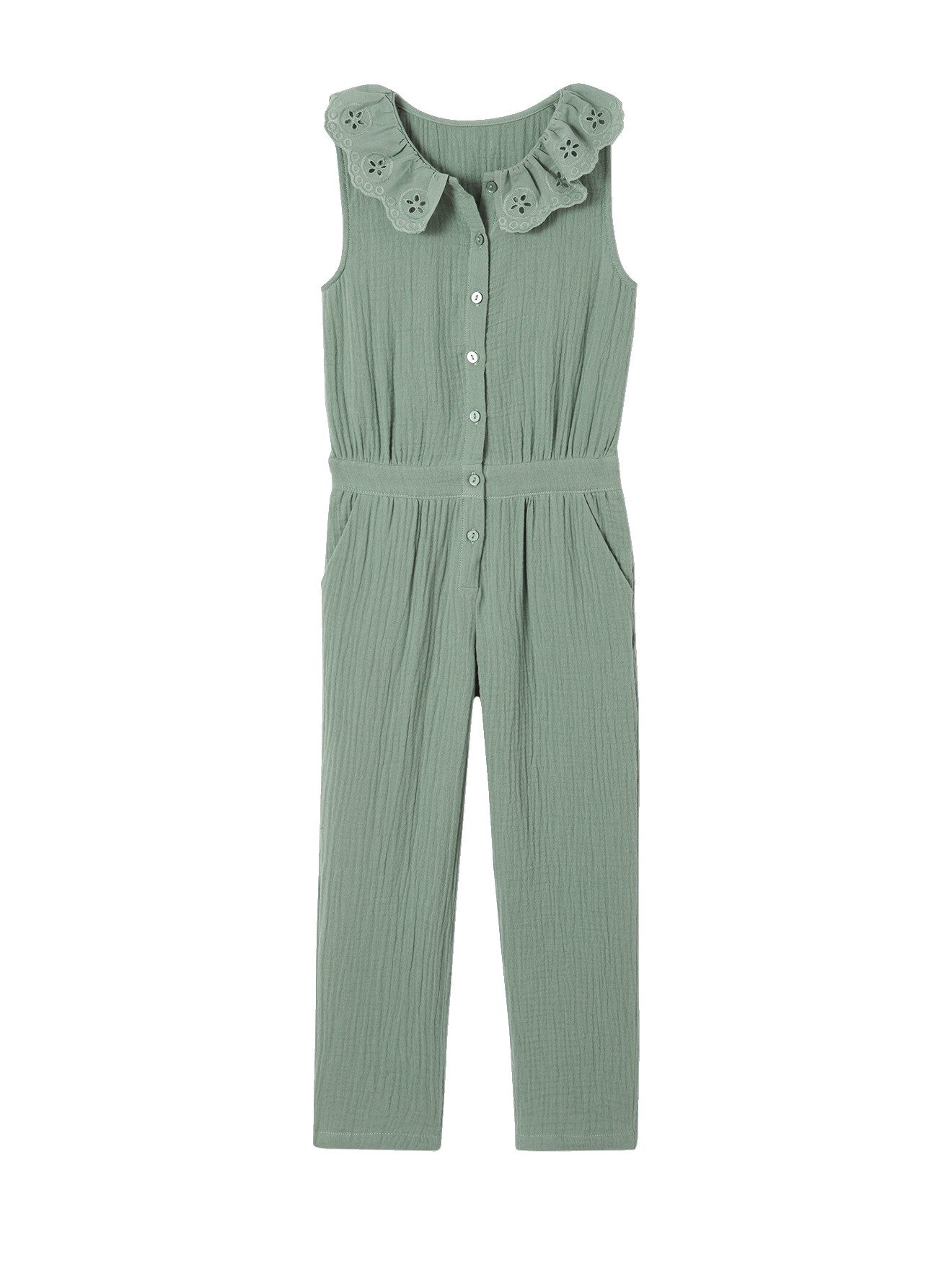vertbaudet Jumpsuit Mädchen Jumpsuit aus Musselin, bestickter Kragen