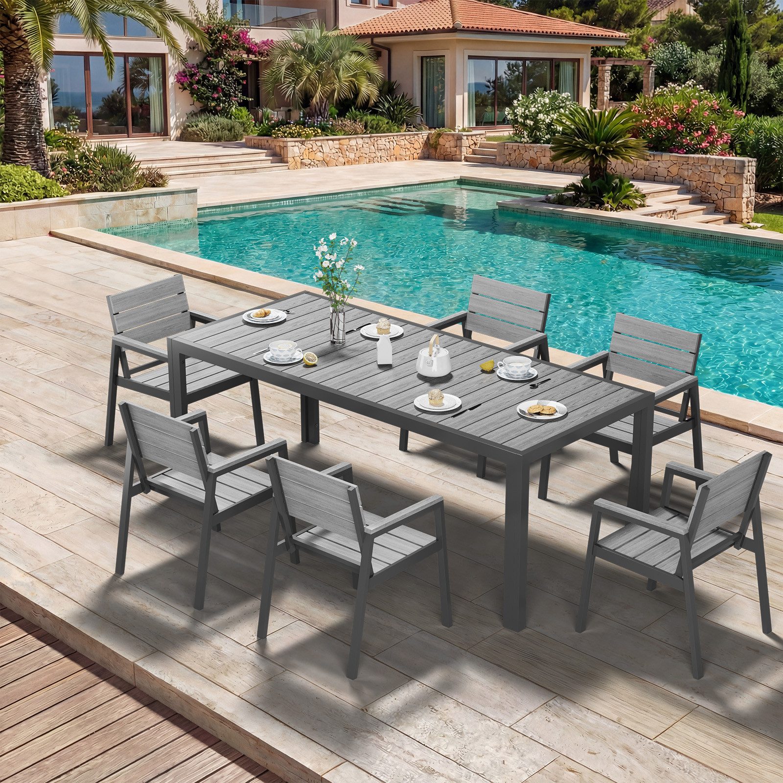 HOMALL Garten-Essgruppe Gartenmöbel Set Essgruppe für 4-8 Personen mit Tisch Garten-Essset, (PS-Holzoptik Garten-Essset, Aluminium-Rahmen Wetterfest & Rostfrei, Terrassen Essgruppe Outdoor Essset für Terrasse Pool Garten Balkon)