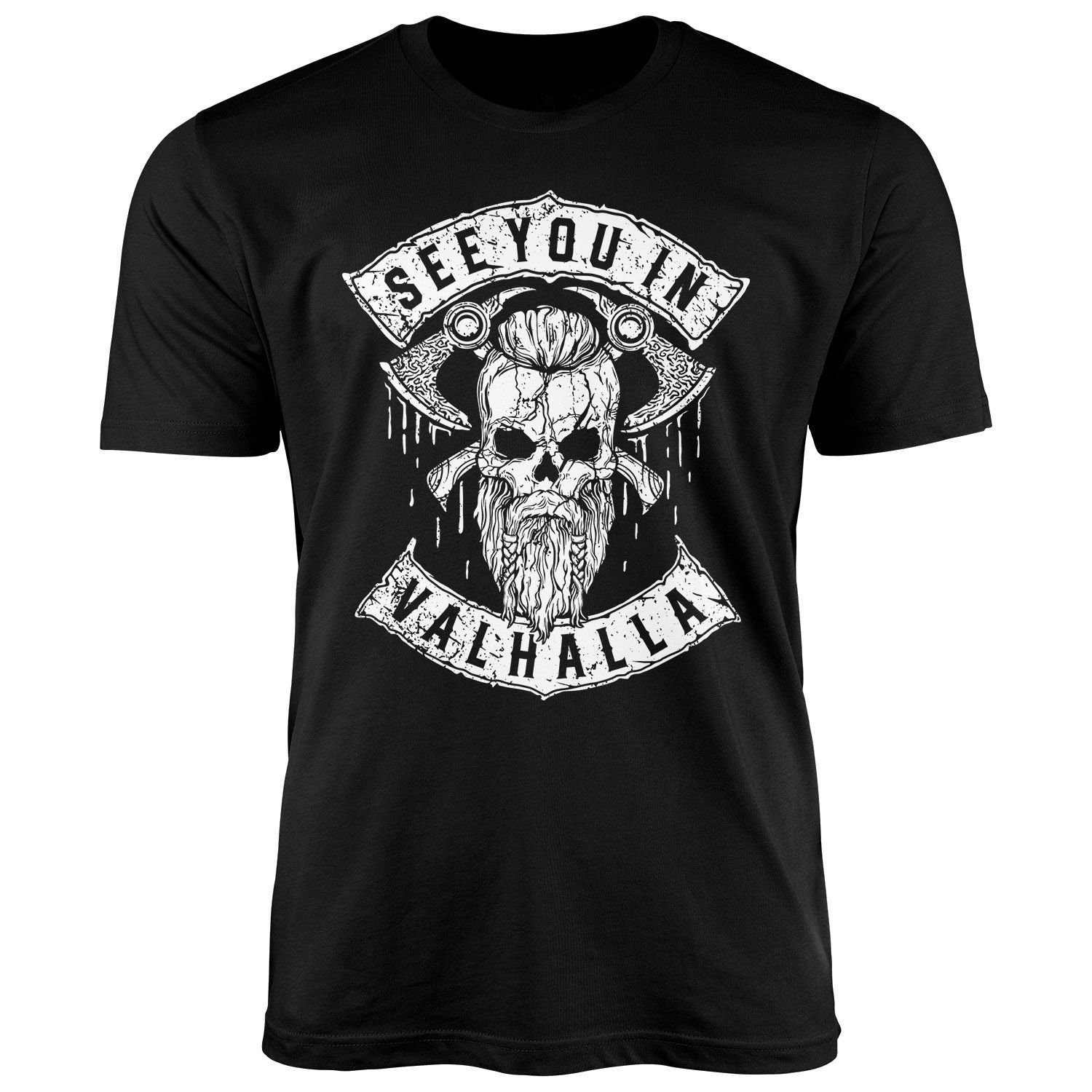 Print-Shirt Herren T-Shirt See You in Valhalla Wikinger Totenkopf Skull Fashion