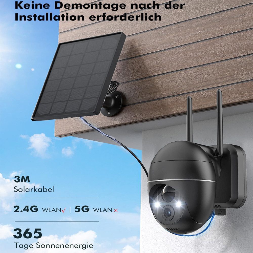 Topcony Überwachungskamera 2K 3MP Security Camera Überwachungskamera Aussen Solar WLAN Akku (Aussen, Außenbereich, Outdoor, Außen, Kabellos Überwachungskamera WLAN Akku, 355°/120° Schwenkbar PTZ, 1-tlg., 20m Farbnachtsicht, PIR Bewegungsmelder,Sirene/Weißlichtalarm, 4dbi Doppelantenne,Teilen Sie jederzeit und überall)