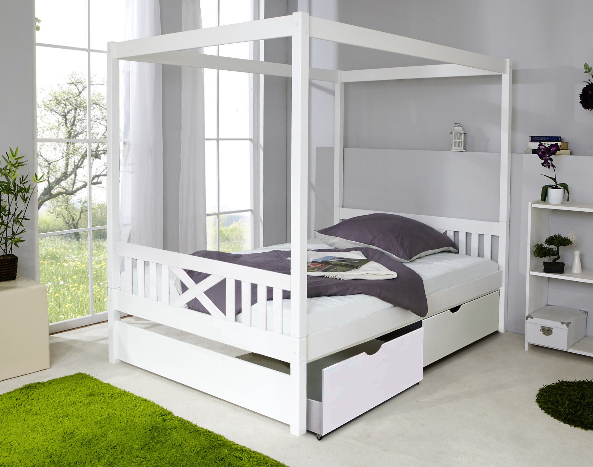 Ticaa Himmelbett Himmelbett Lino Kiefer Weiß 140x200, Oberer Teil abnehmbar und als Einzelbett stellbar – Bild 3 von 3