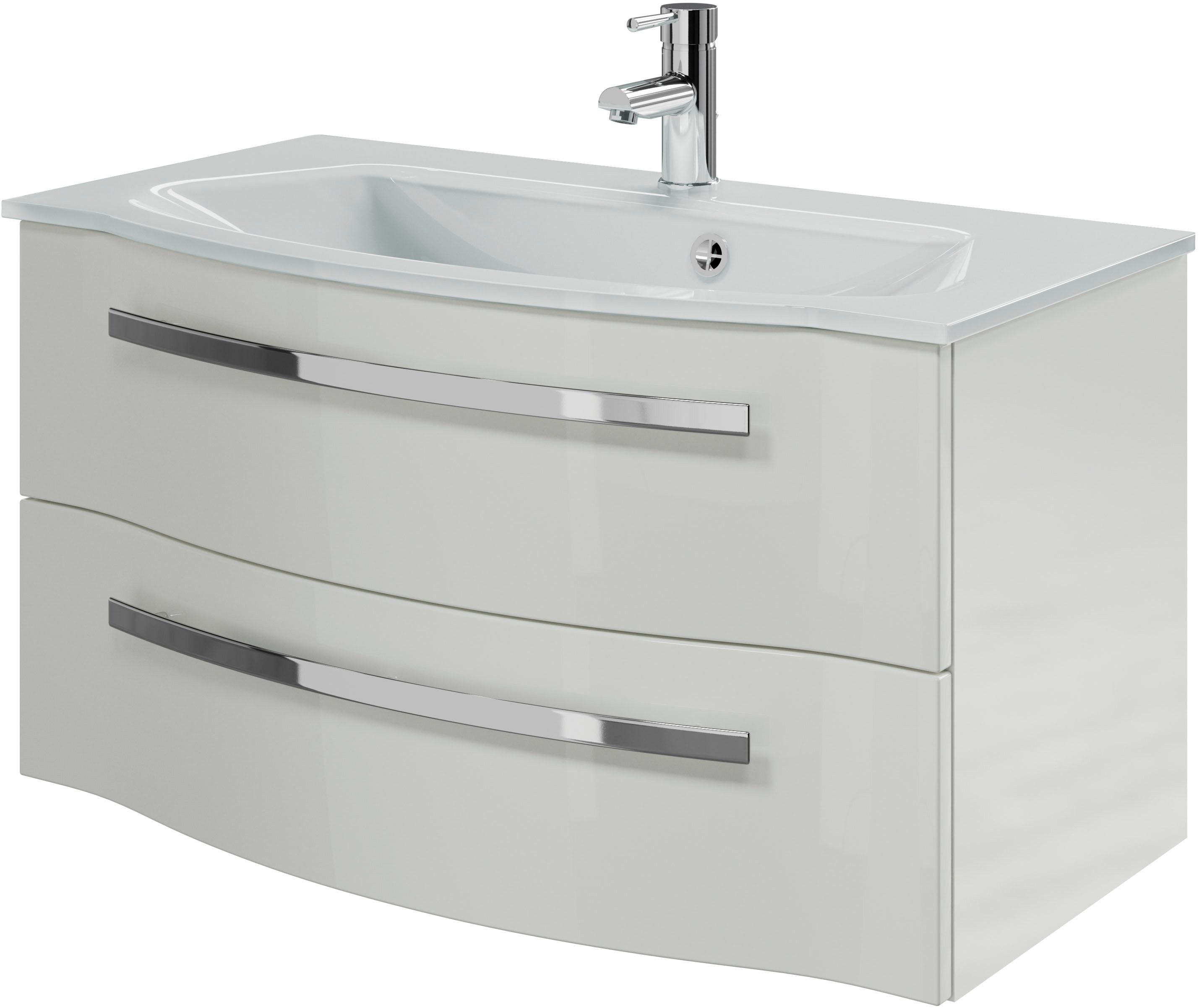 Saphir Badmöbel-Set Serie 4005, vormontiert, Glaswaschbecken, Spiegelschrank, (Set, 6-St), Badezimmer-Set mit Unterschrank, Hängeschrank, Hochschrank, Türdämpfer