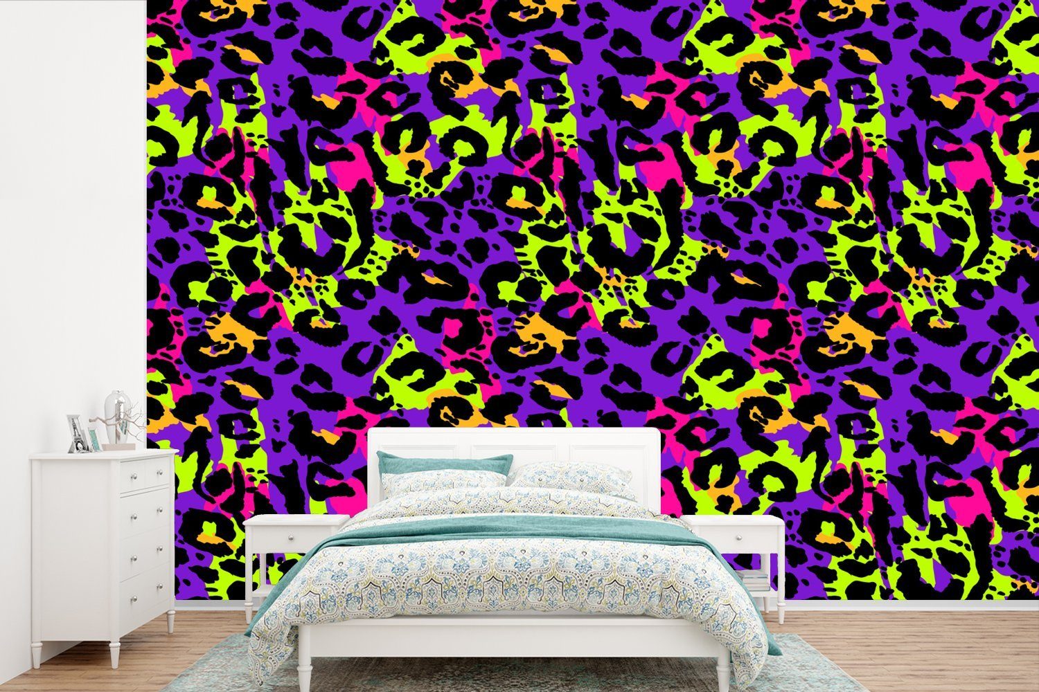 MuchoWow Fototapete Pantherdruck - Neon - Lila - Gelb, Matt, bedruckt, (6 St), Wallpaper für Wohnzimmer, Schlafzimmer, Kinderzimmer, Vinyl Tapete