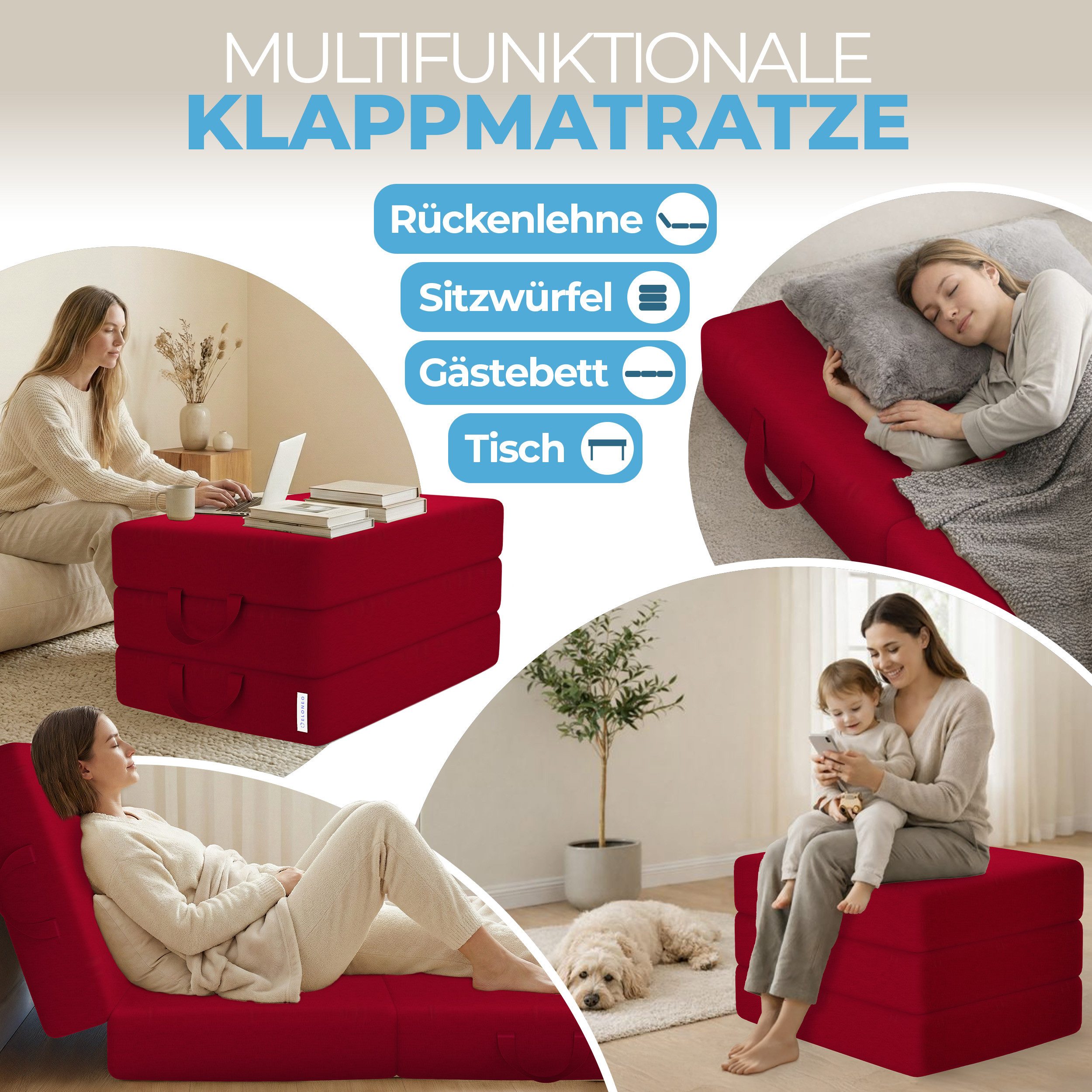 Klappmatratze 3-teilig, Gästematratze mit extra dickem Schaumstoff, ELONEO, 15 cm hoch, waschbarer Bezug, geeignet für Hausstauballergiker, schadstoffgeprüft