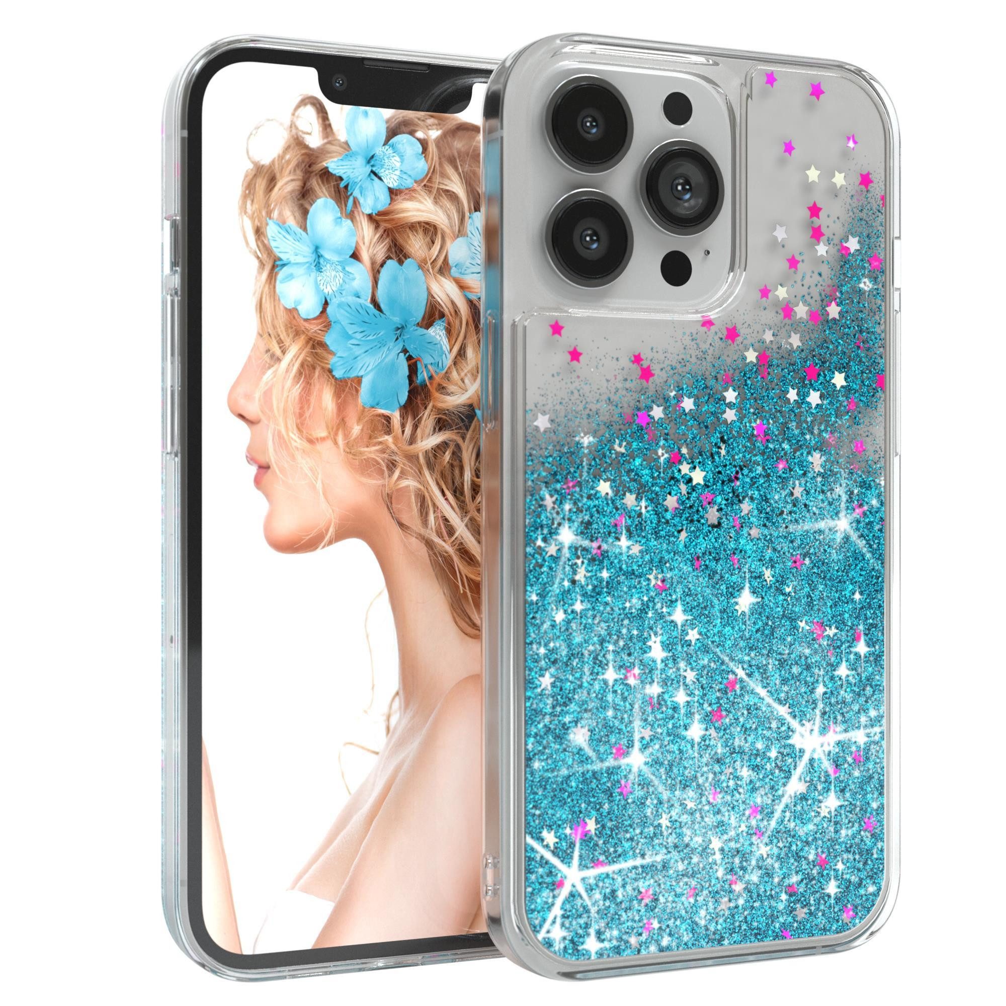 EAZY CASE Handyhülle Liquid Glittery Case für Apple iPhone 13 Pro 6,1 Zoll, Gloss Slimcover Girly Backcover Bling Phone Case kratzfeste Cover Blau