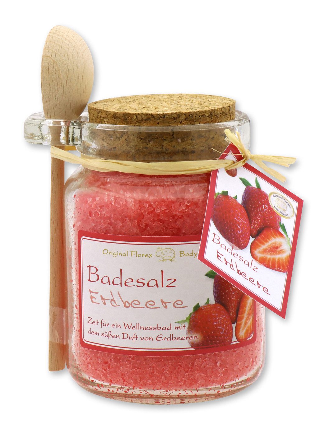 Gerlinde Hofer _ Florex GmbH Badezusatz Erdbeere 300 g, 1-tlg., Badesalz mit Bio Schafmilch im Glas mit Holzlöffel 300 g
