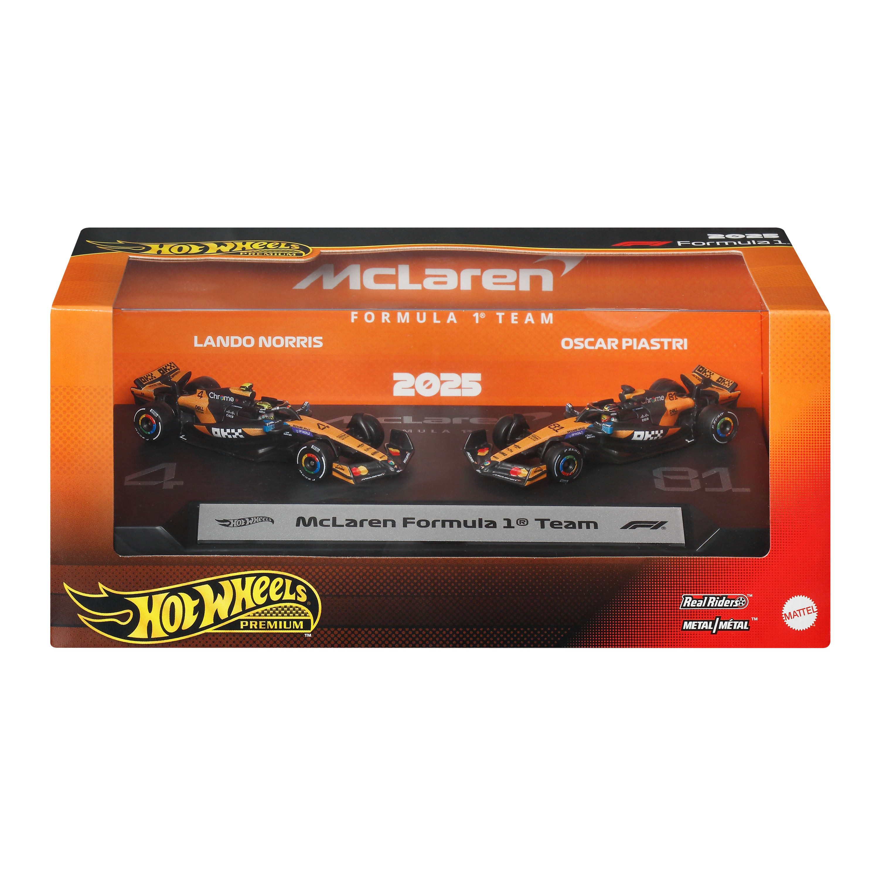 Hot Wheels Spielzeug-Rennwagen Premium Formel 1, McLaren F1-Team Oscar Piastri und Lando Norris, Maßstab 1:64