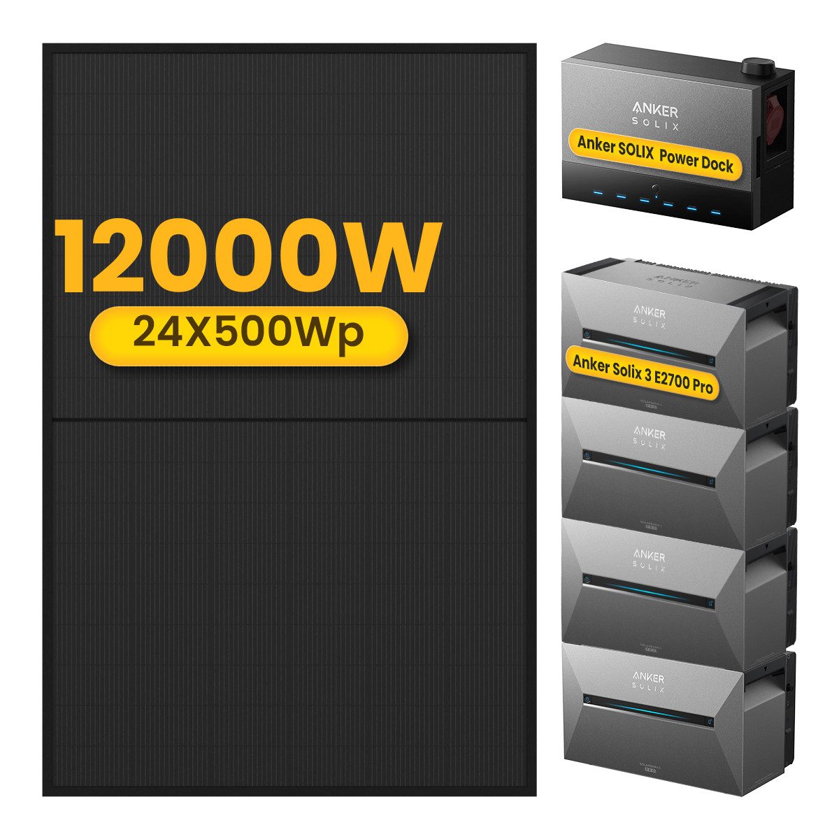 Anker 12000W Anker SOLIX Solarbank Power Dock mit Solarbank 3 Pro Speicher, (Power Dock und 24x 500Wp Solarmodule im Lieferumfang enthalten), Speicher mit integriertem Wechselrichter, All-in-One 2,68kWh Akku