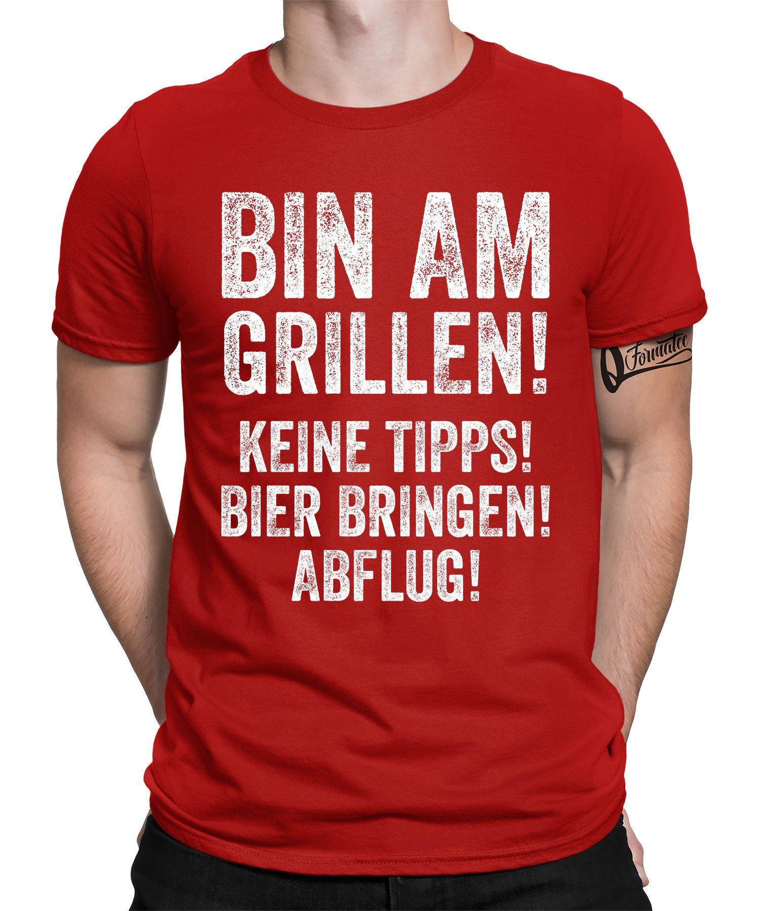 Quattro T-Shirt Grillen (1-tlg) Bin Bier Formatee Rot Kurzarmshirt am Herren Vatertag Papa - Vater