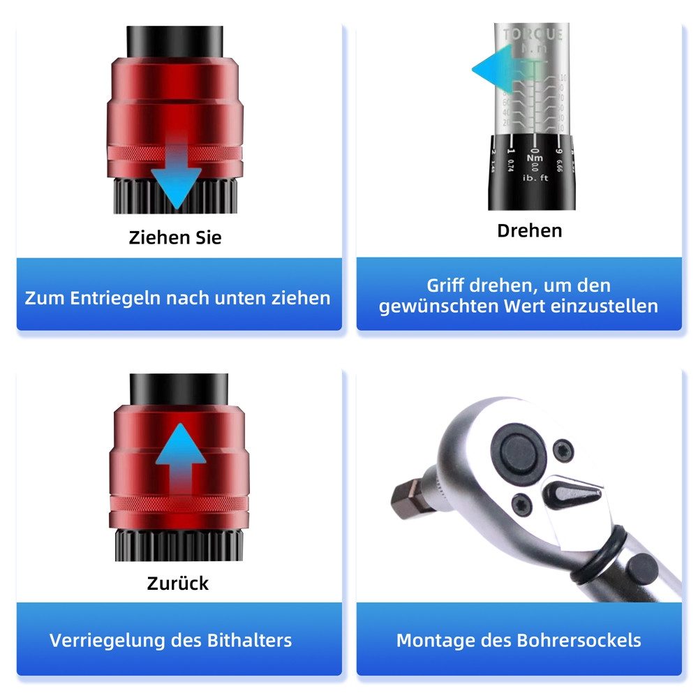 Mucola Torque Wrench Set 1/4" 3-25Nm 72 Teeth Reversible Ratchet Head (Set of 15), 6.3 mm (1/4") Drive, Chrome Vanadium Steel, incl. Work Gloves