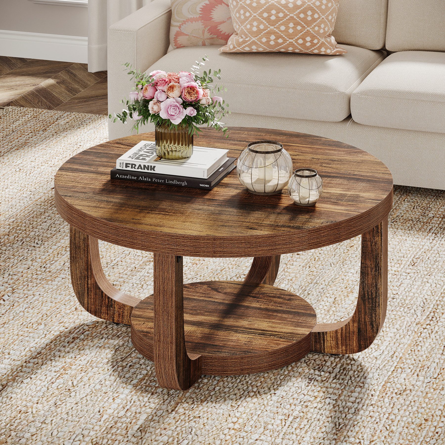 Tribesigns Couchtisch 2-stufiger runder Couchtisch mit Stauraum, Industrial Wohnzimmertisch