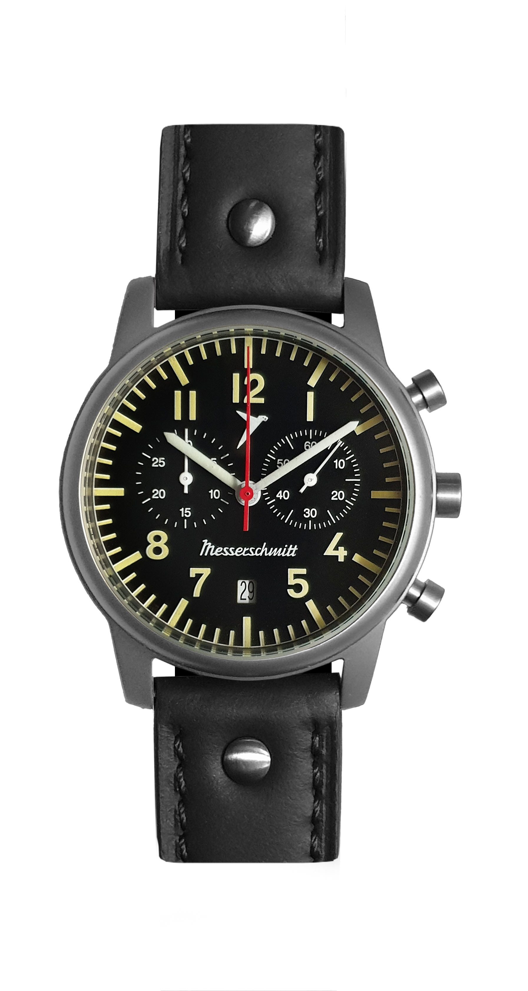 Messerschmitt Quarzuhr ME4544-5021, Fliegerchronograph für Herren - in elegantem Schwarz, mit Leuchtzeigern auf schwarzem Ziffernblatt - Made in Germany